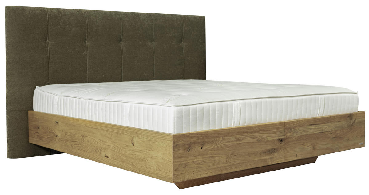 BOXSPRINGBETT 180/200 cm,  in Waldgrün, Wildeiche, Matratze, gepolstertes Kopfteil, unterschiedliche Matratzenhärtegrade je Bettseite, H3 + H4 = fest + sehr fest  - Waldgrün/Wildeiche, Natur, Holz/Textil (180/200cm) - Valnatura