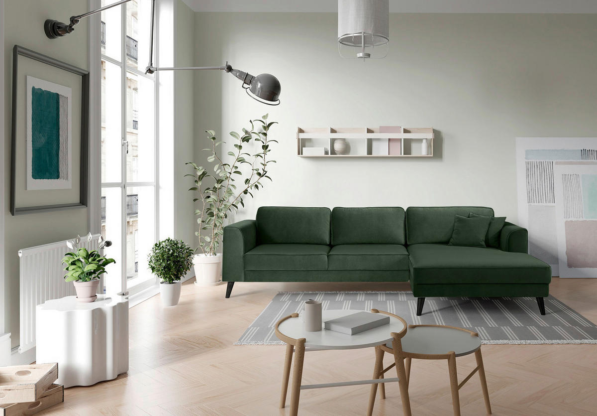 ECKSCHLAFSOFA in Velours Dunkelgrün  - Wengefarben/Dunkelgrün, Modern, Holz/Textil (277/167cm) - Trendmanufaktur