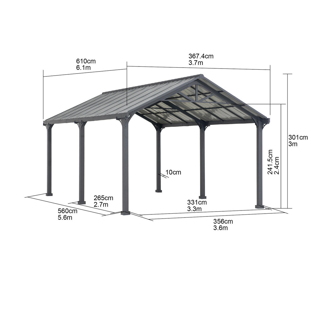 CARPORT - Dunkelgrau, Basics, Metall (610/301/367,4cm)