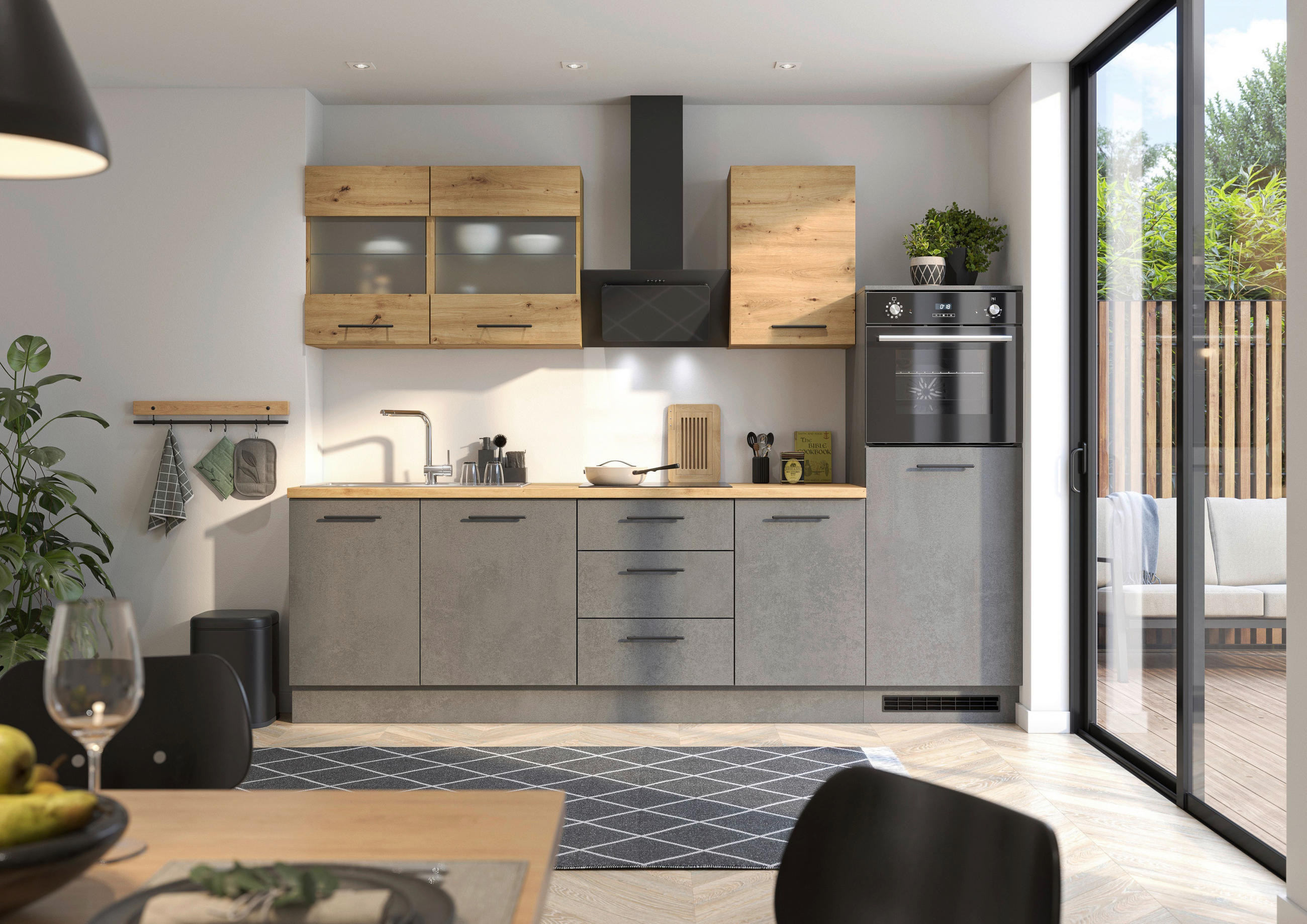 P & B Küchenleerblock Capri Dunkelgrau, Eiche Artisan 280 cm