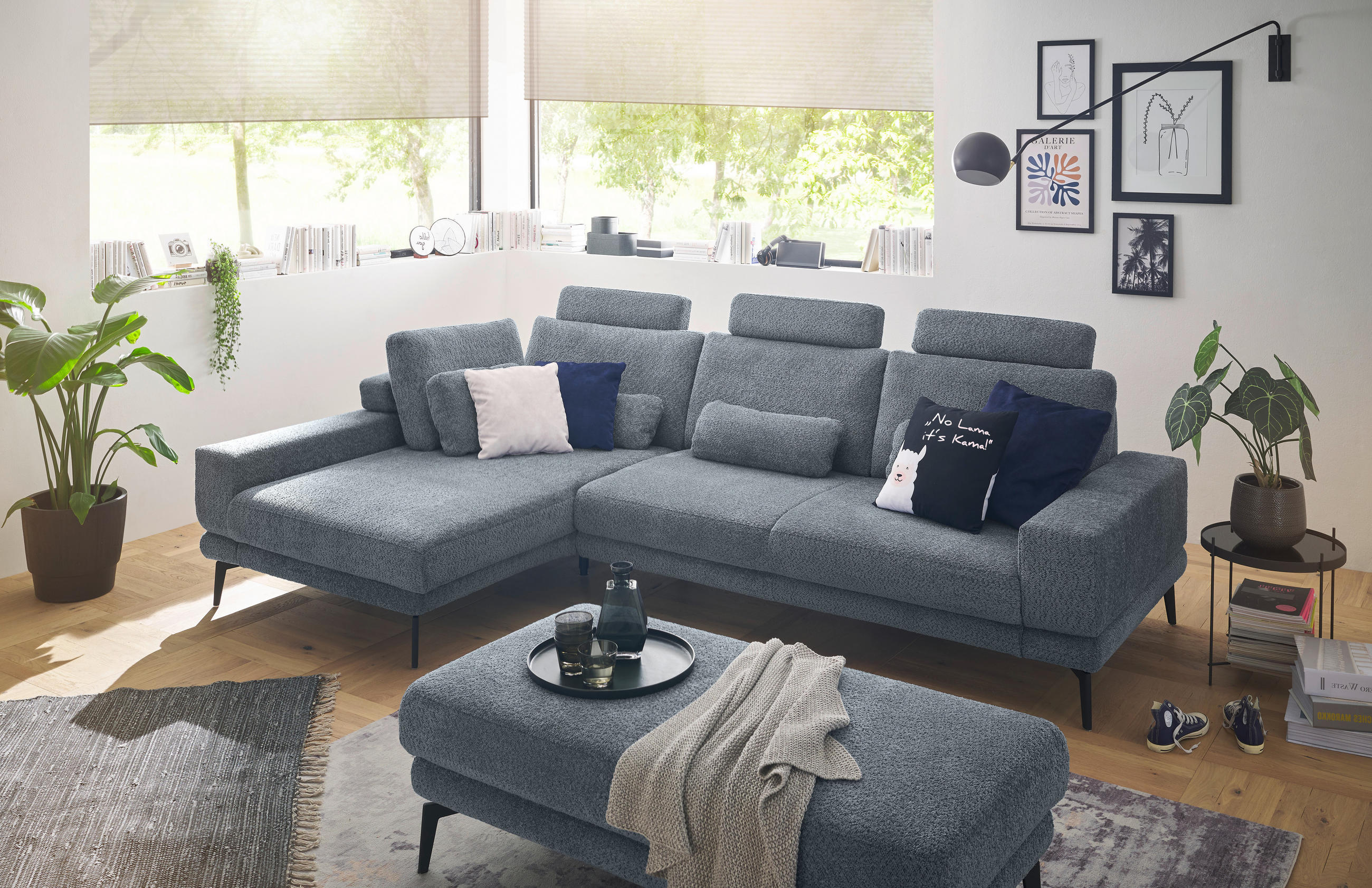 ECKSOFA Blau Chenille  - Blau/Schwarz, KONVENTIONELL, Textil/Metall (184/294cm) - SetOne by Musterring