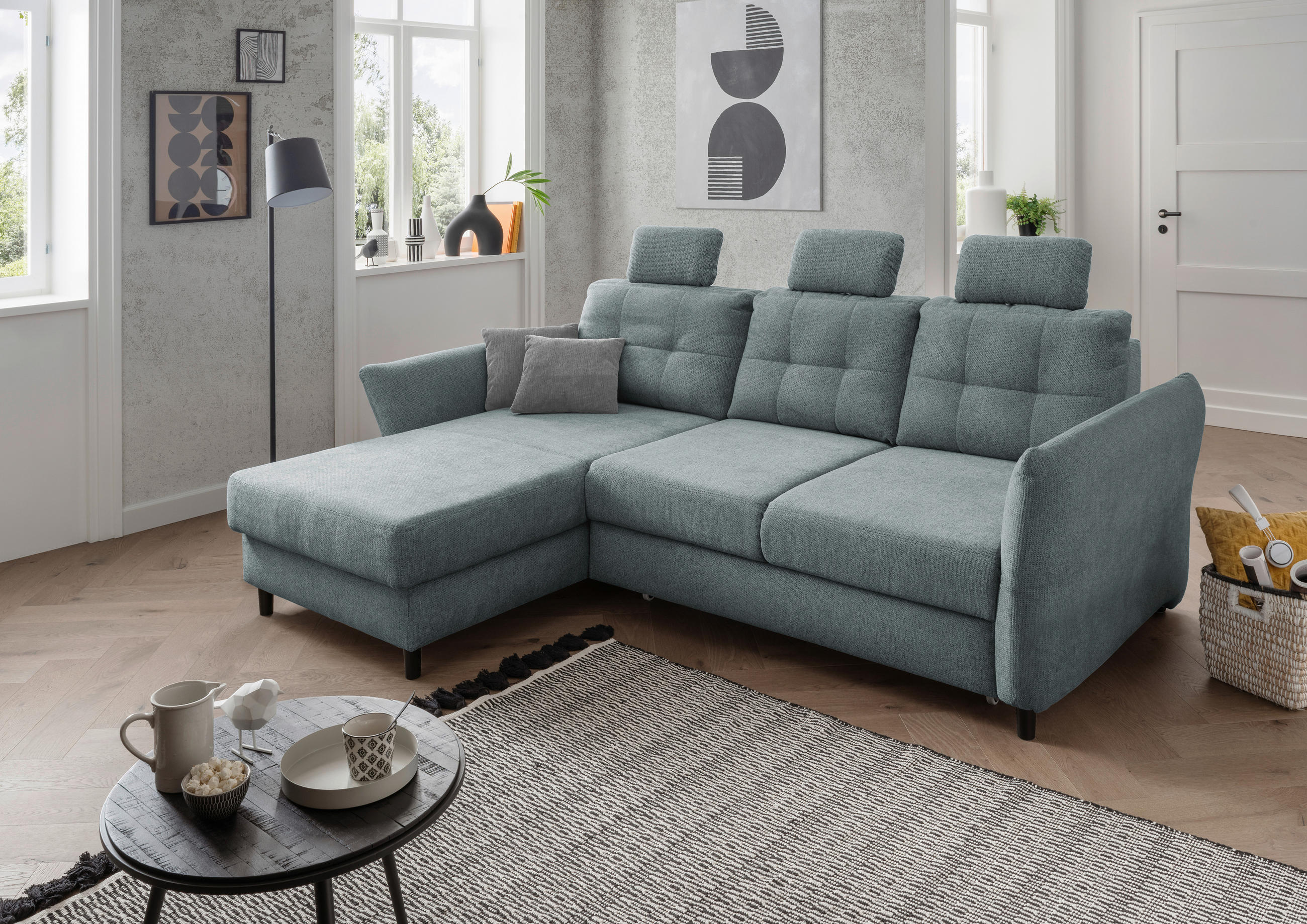 ECKSOFA in Chenille Blau - Mintgrau/Blau, Modern, Holz/Textil (176/250-280cm) - Livetastic
