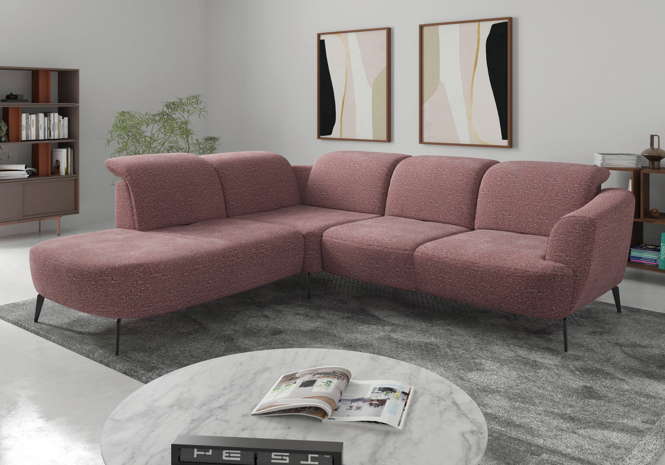 ECKSOFA in Chenille Aubergine  267/300 cm  - Aubergine/Schwarz, KONVENTIONELL, Textil/Metall (267/300cm) - Sit & More