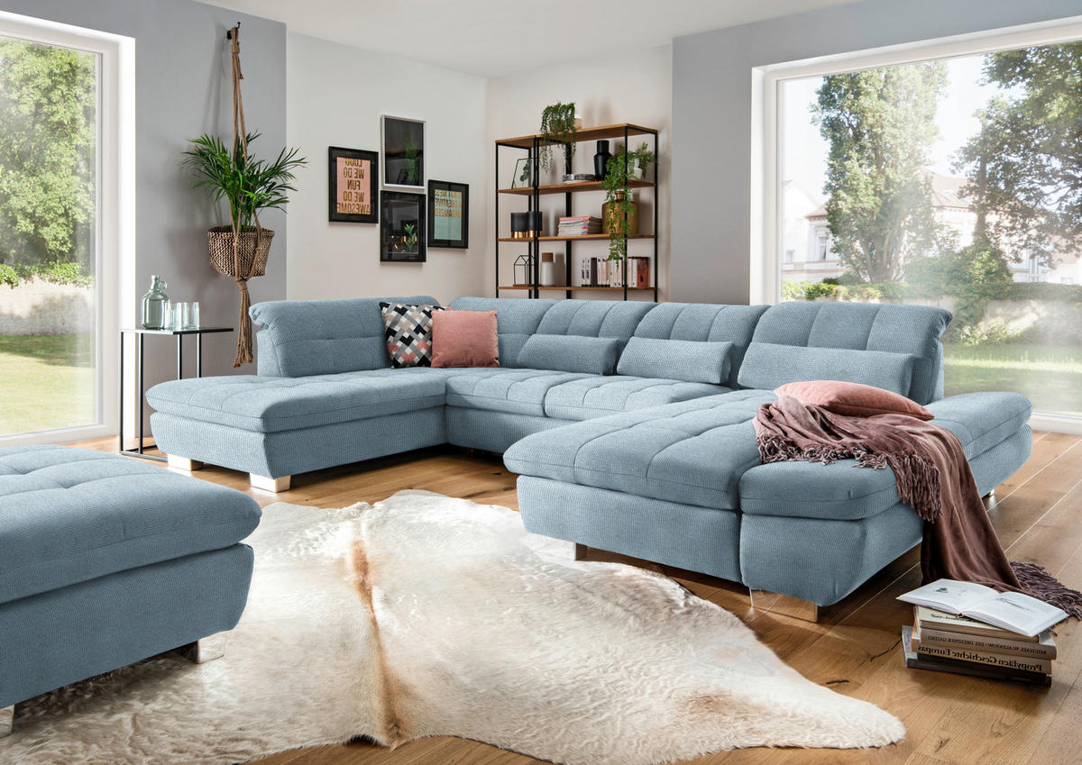 WOHNLANDSCHAFT in Mikrofaser Hellblau  - Chromfarben/Hellblau, Design, Kunststoff/Textil (211/350/204cm) - Xora