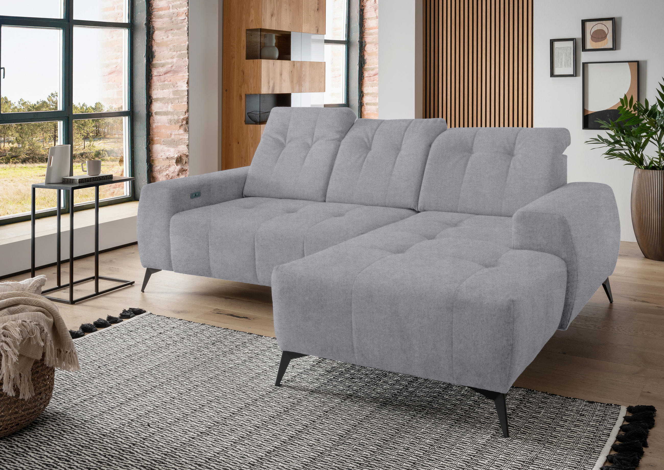 ECKSOFA in Mikrofaser Hellgrau - Hellgrau/Schwarz, Modern, Textil/Metall (258/180cm) - Livetastic