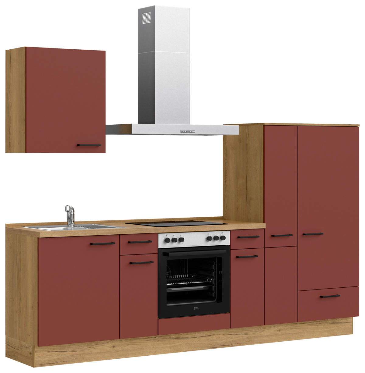 KÜCHENBLOCK Easytouch 270 cm  in Eichefarben, Dunkelrot  - Eichefarben/Schwarz, MODERN, Holzwerkstoff/Metall (270cm) - Nobilia