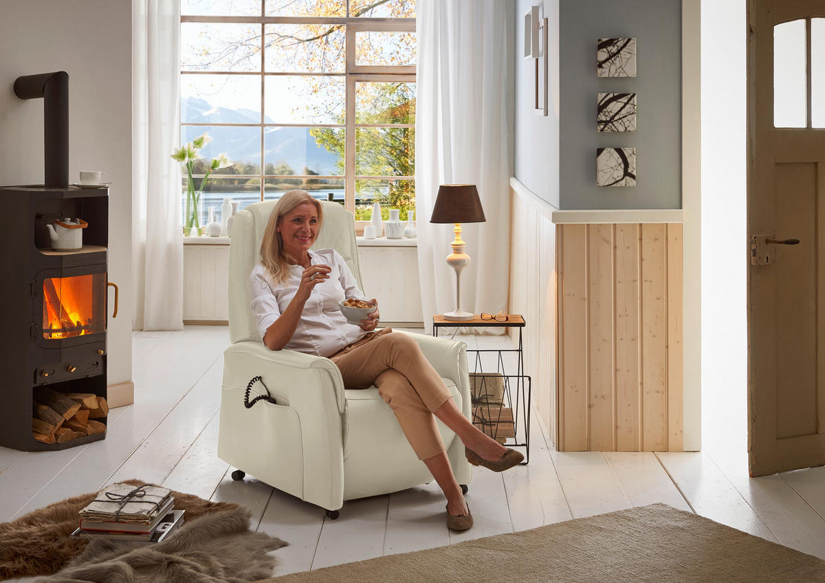 FERNSEHSESSEL Valdera  mit Relaxfunktion, Aufstehhilfe, Rücken echt Echtleder Ecru  - Ecru/Schwarz, KONVENTIONELL, Leder/Kunststoff (70/107/88cm) - Livetastic