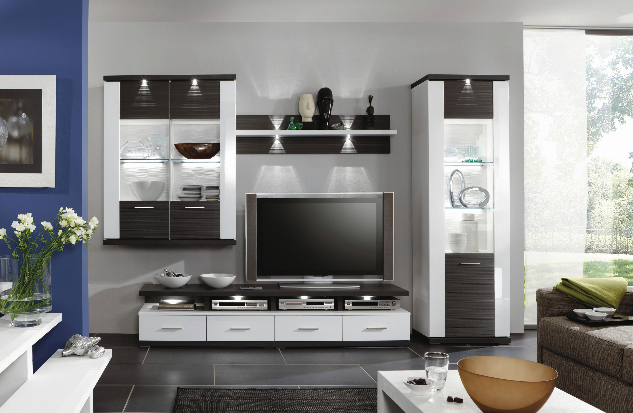 WOHNWAND Manhattan 4-teilig  in Graphitfarben, Weiß  312,7/206,6/50 cm  - Schwarz/Graphitfarben, Design, Glas/Holzwerkstoff (312,7/206,6/50cm) - Xora