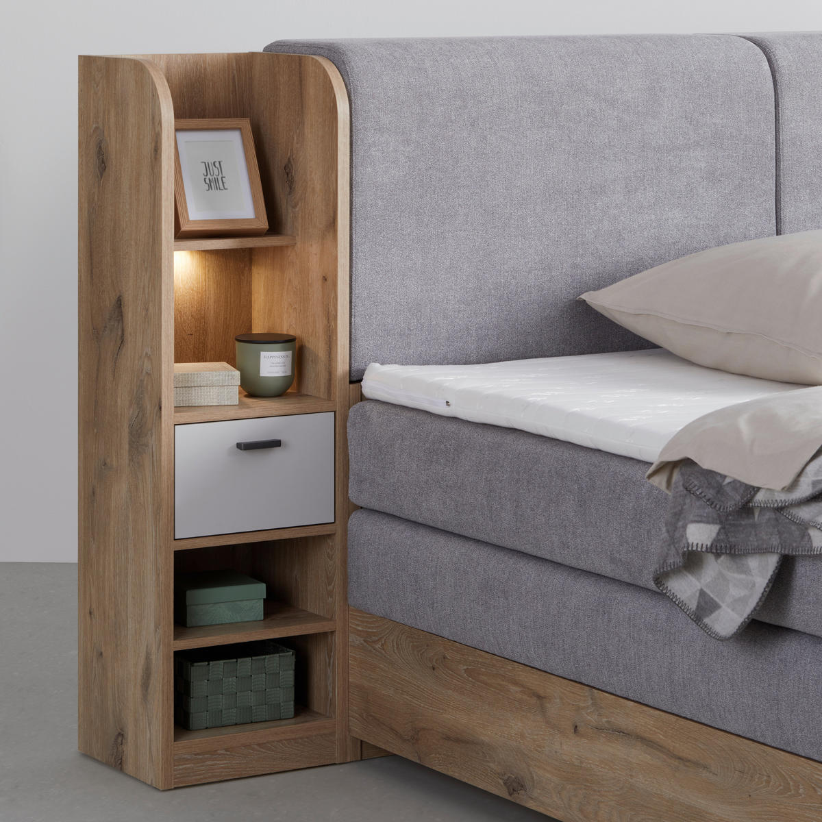 POSTELJA BOXSPRING 180 cm   x 200 cm  , leseni material barve hrasta, svetlo siva  - barve hrasta/barve grafita, Trendi, umetna masa/tekstil (180/200cm) - Xora