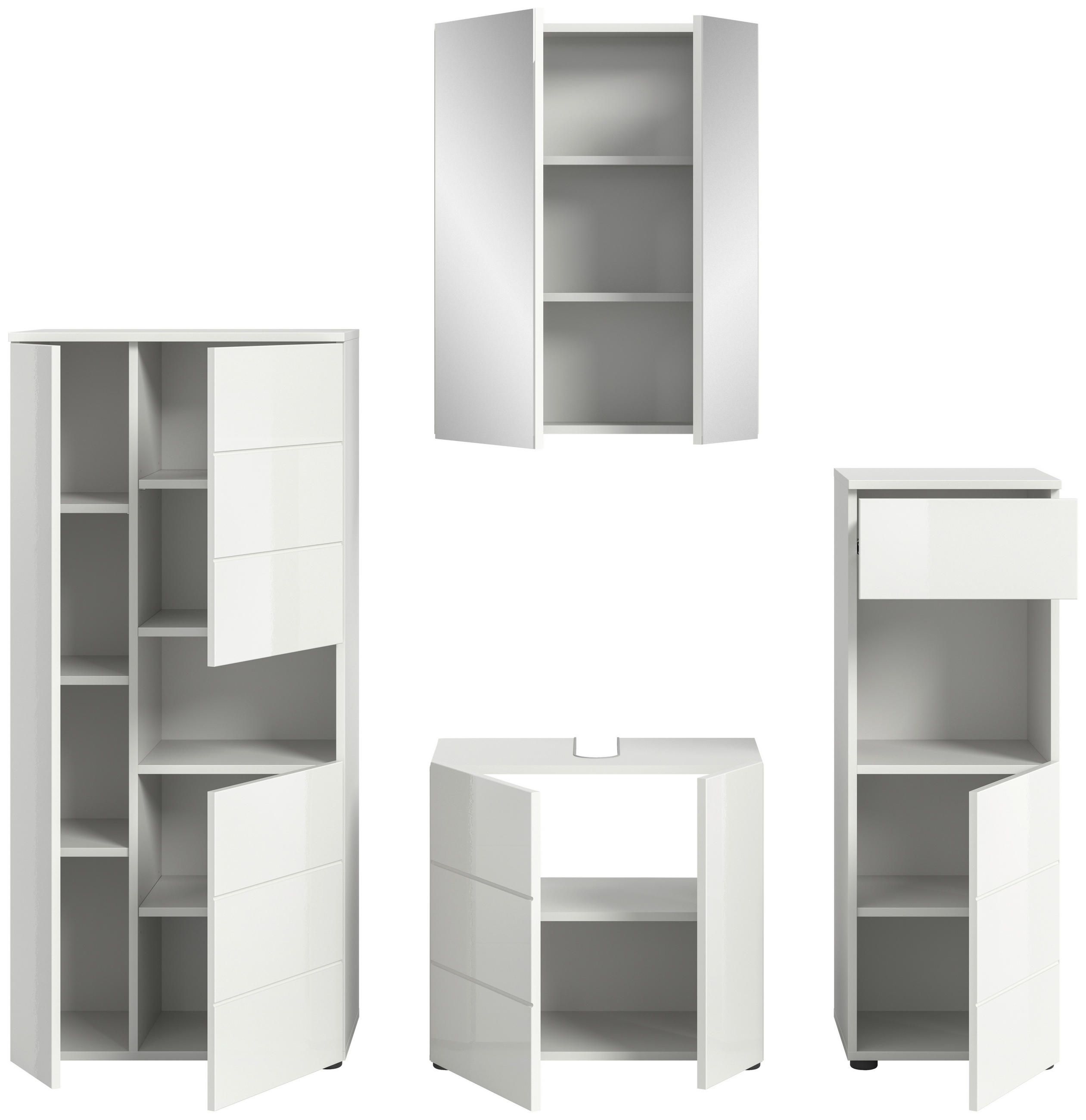 Thumbnail - Mid.you Badezimmer, Weiß Hochglanz, Holzwerkstoff, 4-teilig, 9 Fächer, 158 cm, FSC Mix, stehend, Badezimmer, Badmöbelset...