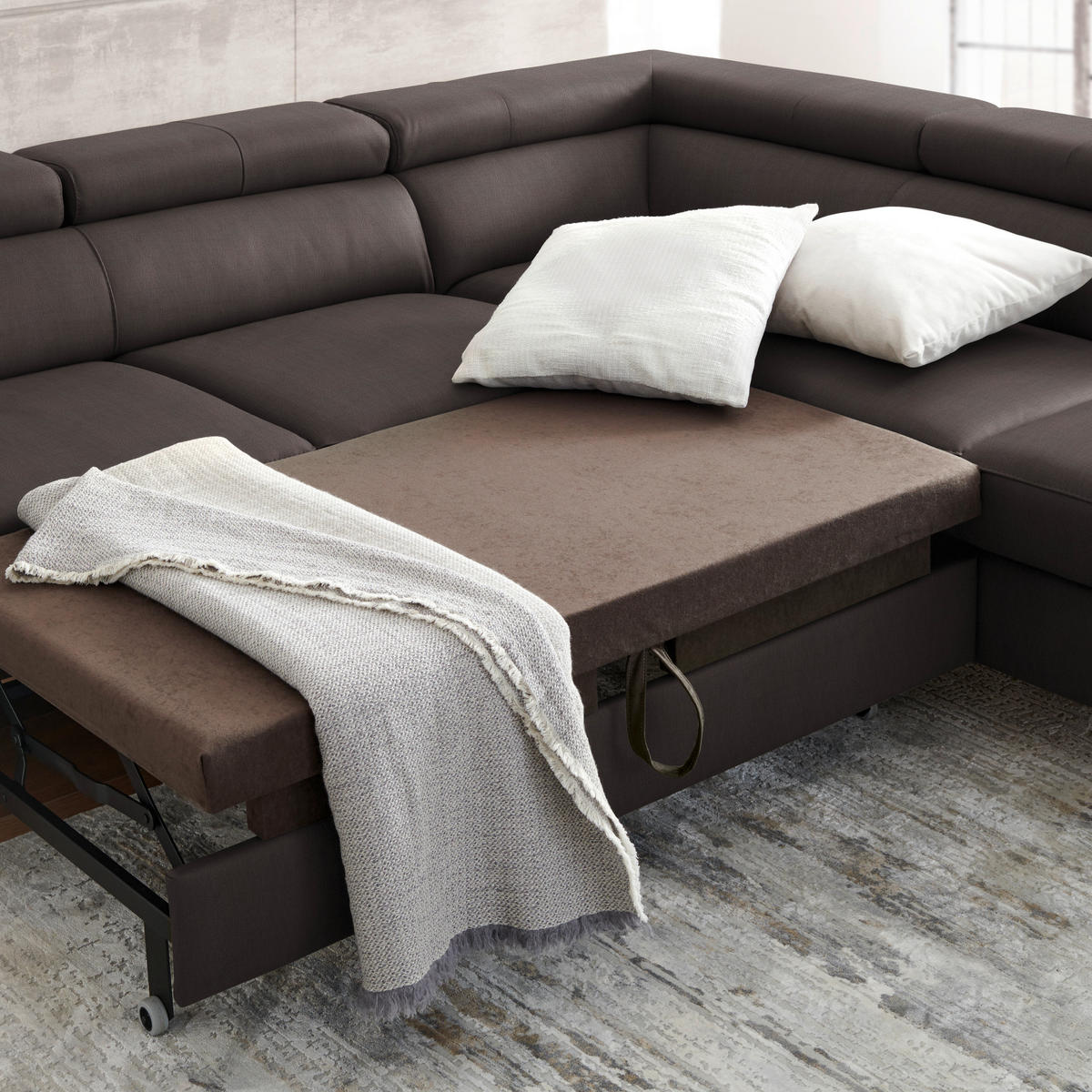 ECKSOFA in Lederlook Kombination Echtleder/Lederlook Dunkelbraun  - Dunkelbraun/Schwarz, Design, Leder/Textil (256/220cm) - Celina Home