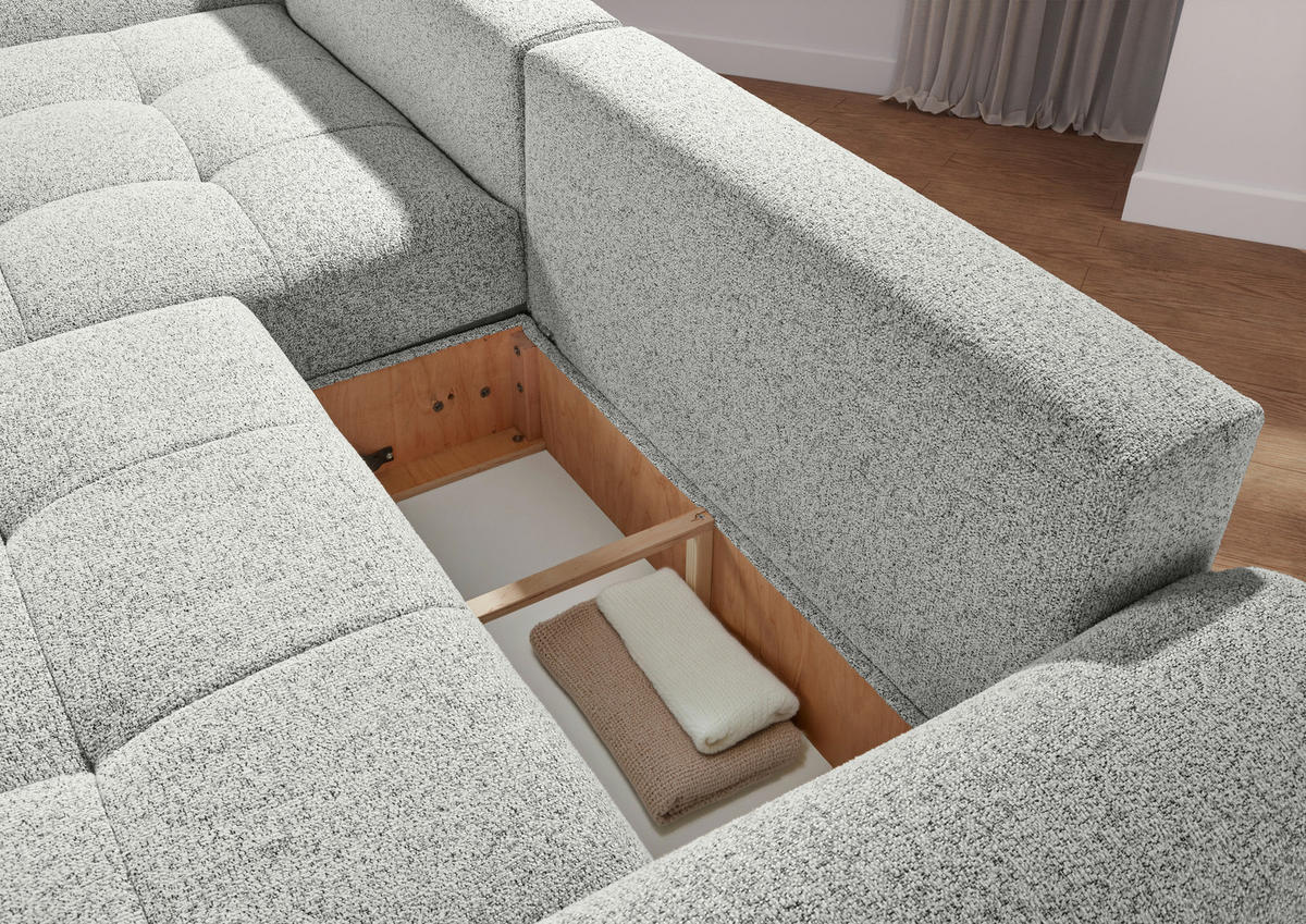 Ecksofa mit Funktion Creme Flachgewebe Zierkissen, Rückenkissen, Bettkasten, Schlaffunktion, Rücken echt, Liegefläche im Originalstoff  - Creme/Schwarz, KONVENTIONELL, Kunststoff/Textil (190/277cm) - Carryhome