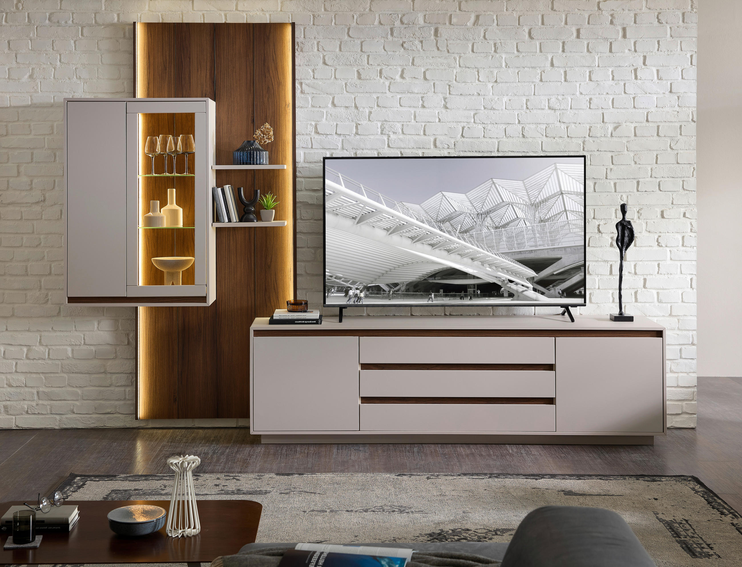 WOHNWAND  in Nussbaumfarben, Kaschmir  320/232/45 cm  - Kaschmir/Nussbaumfarben, Design, Glas/Holzwerkstoff (320/232/45cm) - Stylife