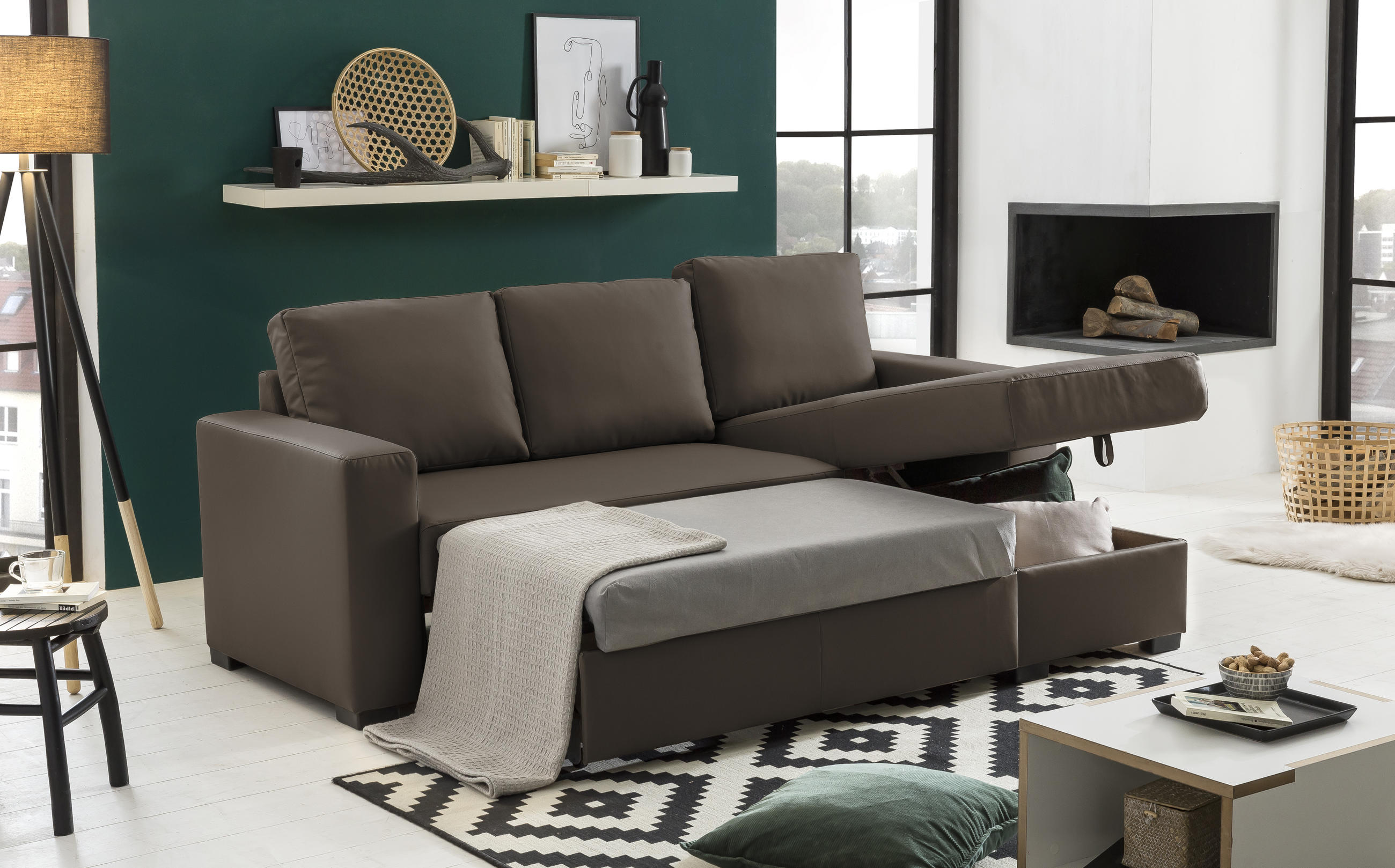 ECKSOFA in Lederlook Braun  220/150 cm  - Braun, Basics, Kunststoff/Textil (220/150cm) - MID.YOU