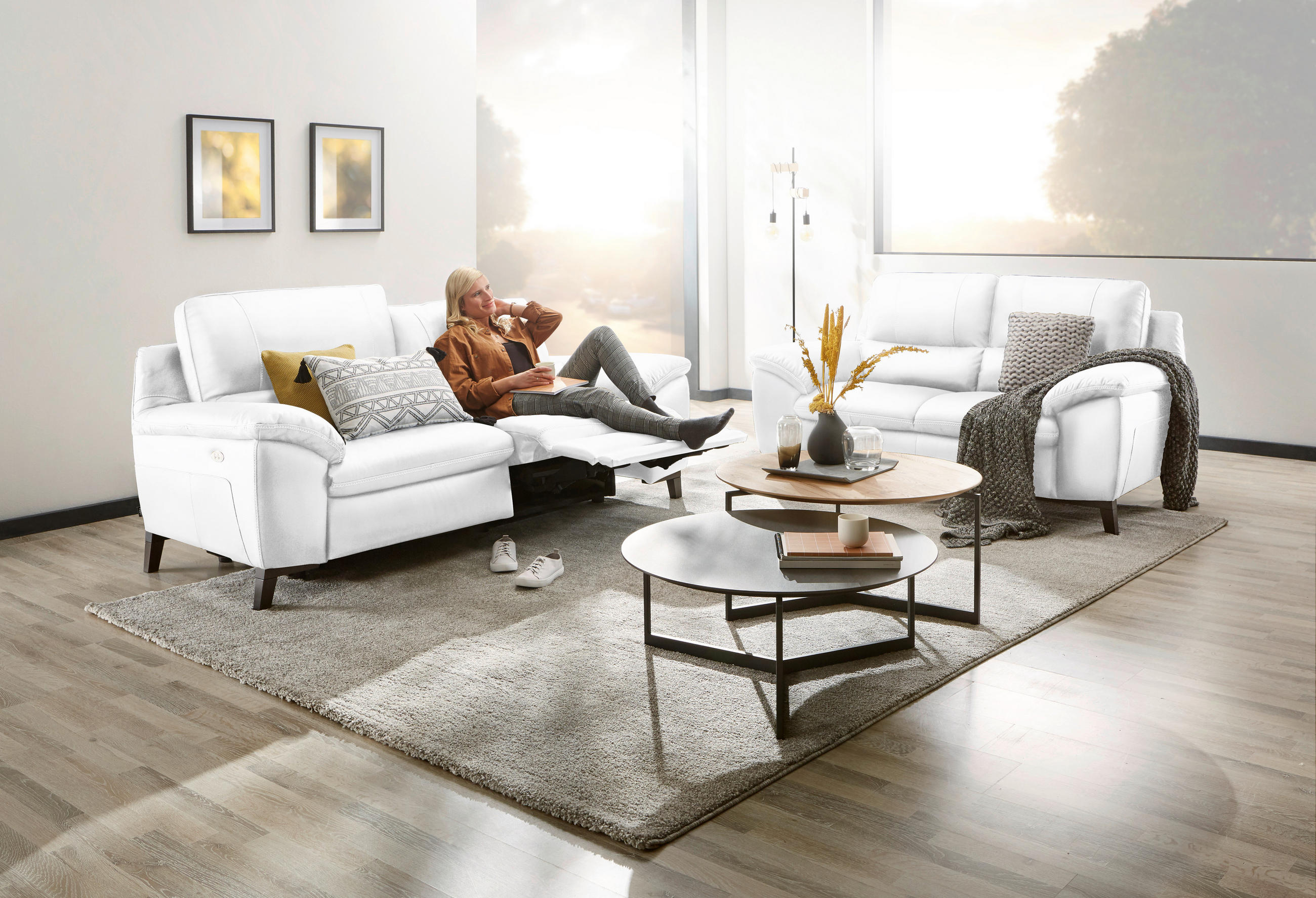 2-SITZER-SOFA Kombination Echtleder/Lederlook Weiß  - Wengefarben/Weiß, Design, Leder/Holz (174/97/95cm) - Livetastic
