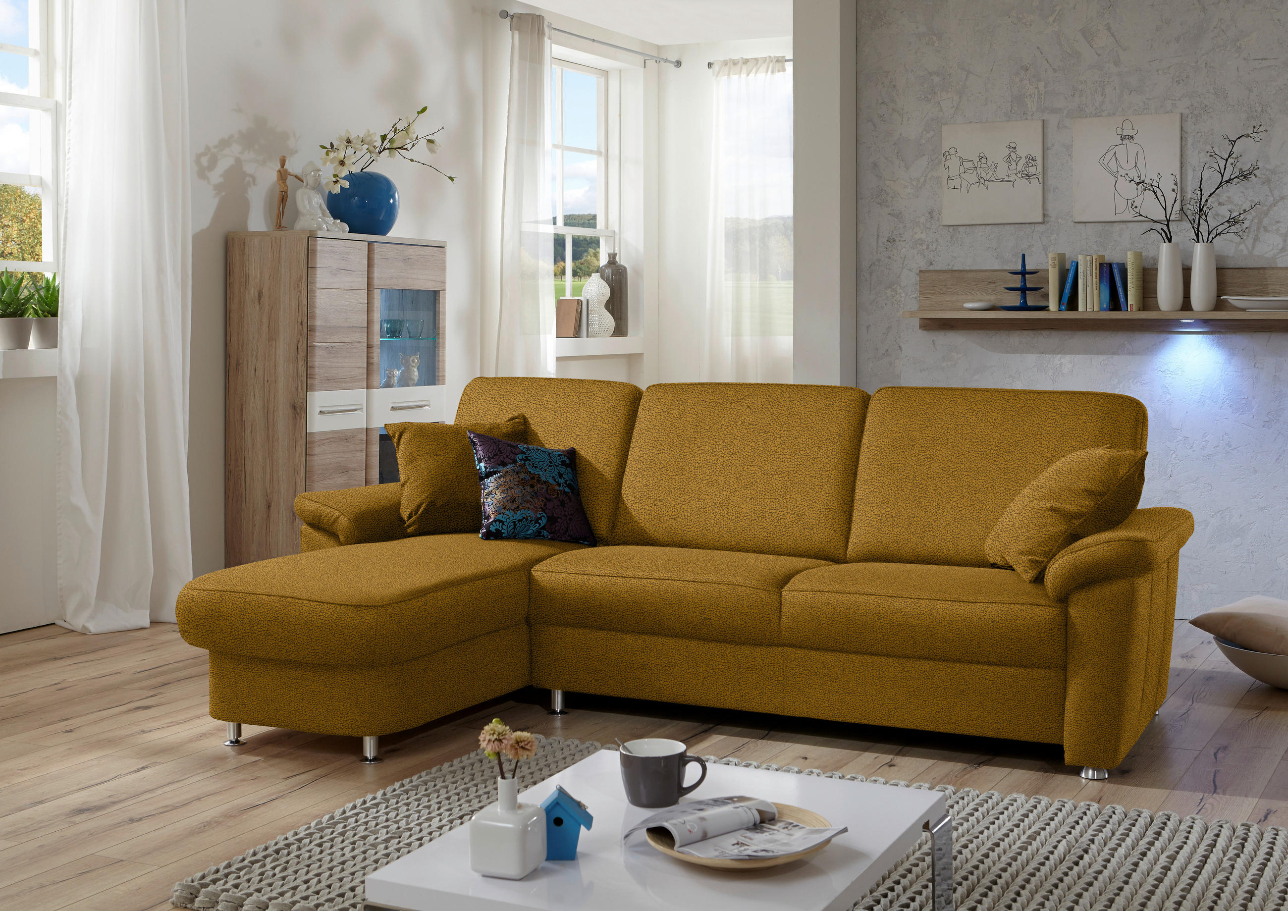 ECKSOFA in Flachgewebe Braun, Grün  163/250 cm  - Chromfarben/Braun, KONVENTIONELL, Textil/Metall (163/250cm) - Beldomo System