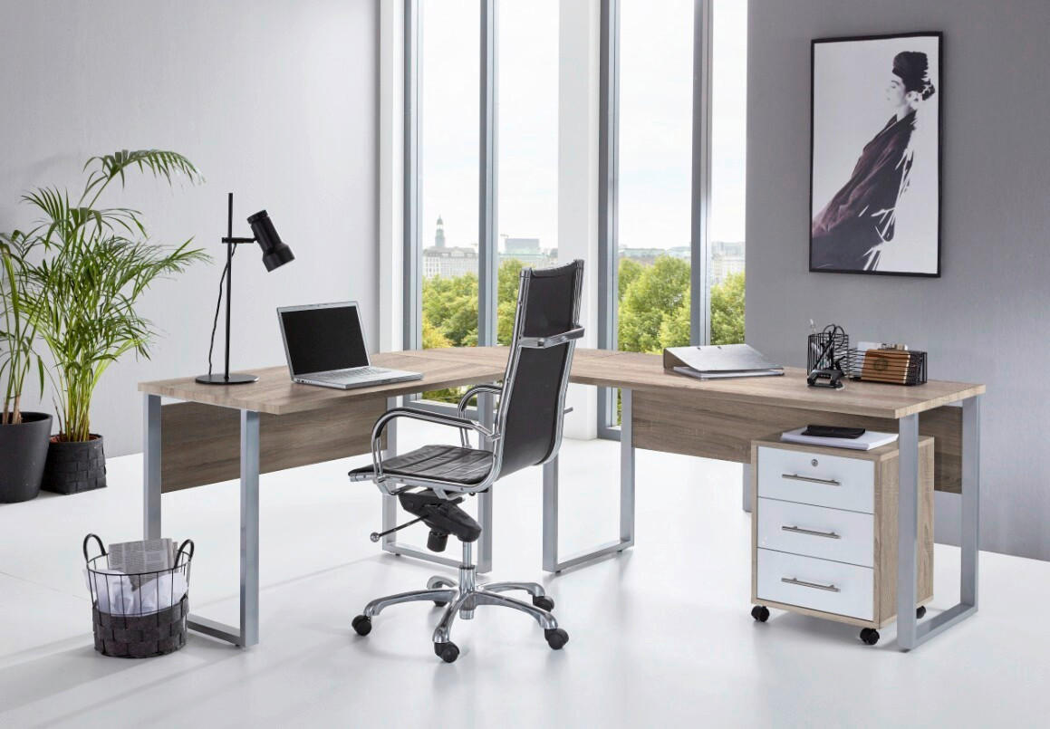BÜRO erweiterbar, in verschiedenen Holz-Dekoren erhältlich, Schreibtisch seitenverkehrt montierbar, abschließbar Sonoma Eiche, Weiß Hochglanz - Weiß Hochglanz/Sonoma Eiche, MODERN, Holzwerkstoff - MID.YOU
