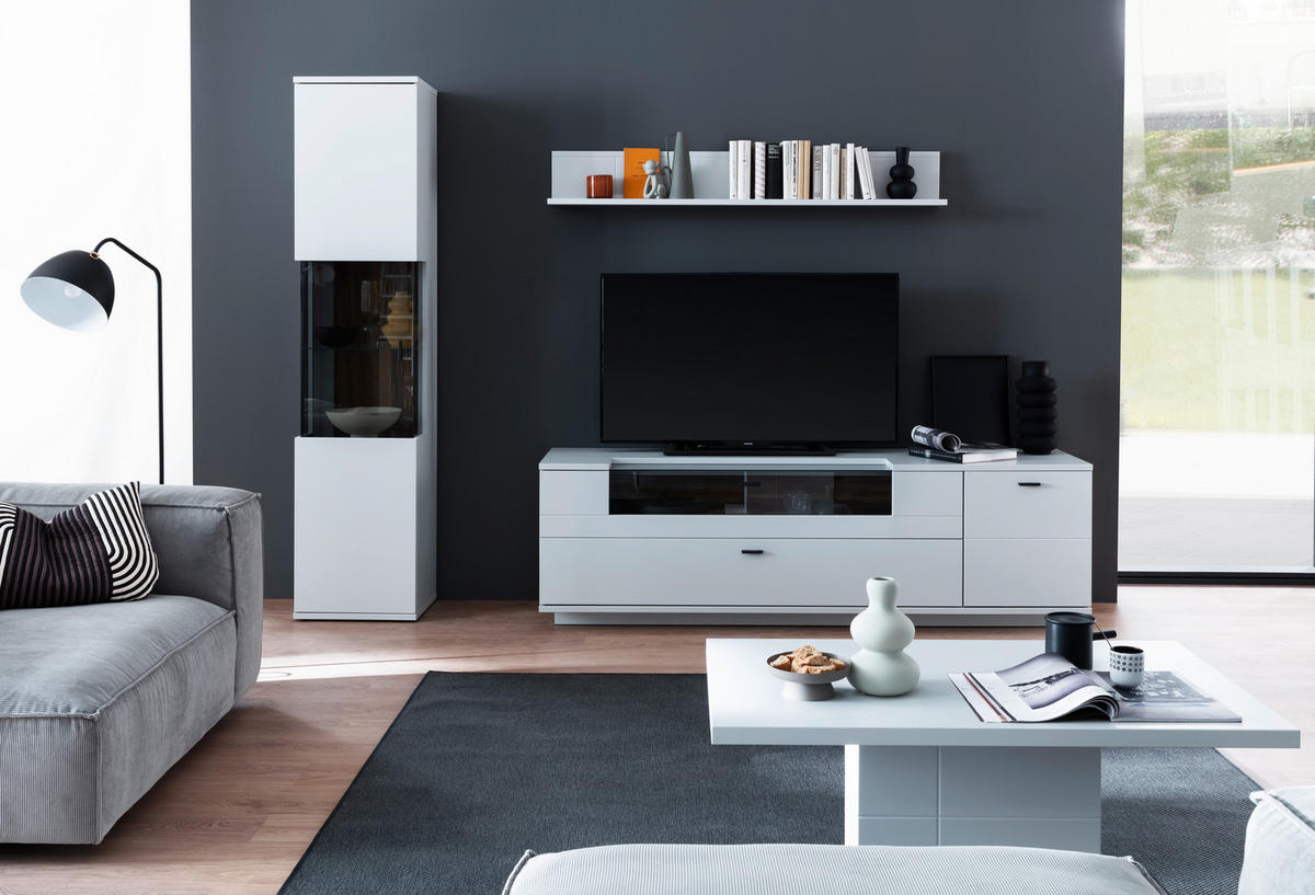 WOHNWAND  in Weiß, Eichefarben  250/199/50 cm  - Eichefarben/Anthrazit, Design, Glas/Holzwerkstoff (250/199/50cm) - Stylife