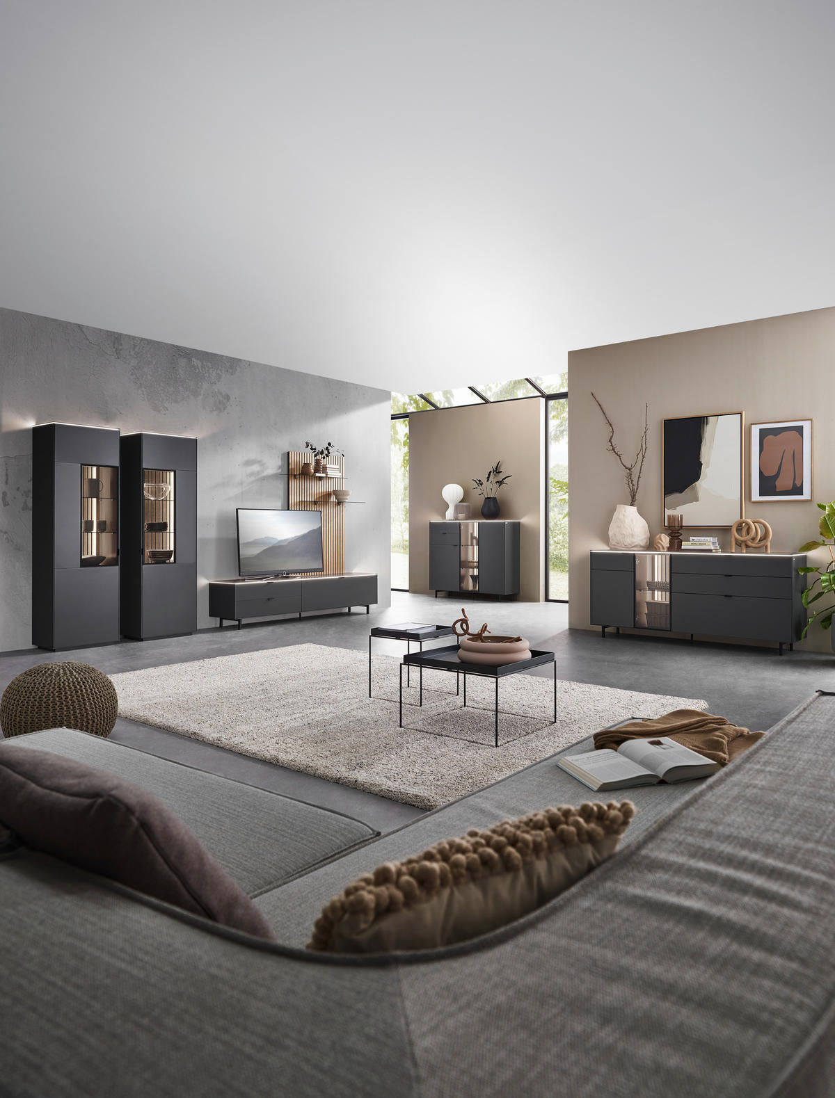 WOHNWAND  in Anthrazit, Naturfarben, Eichefarben 216/198,3/46 cm  - Eichefarben/Anthrazit, Design, Glas/Holz (216/198,3/46cm) - Dieter Knoll