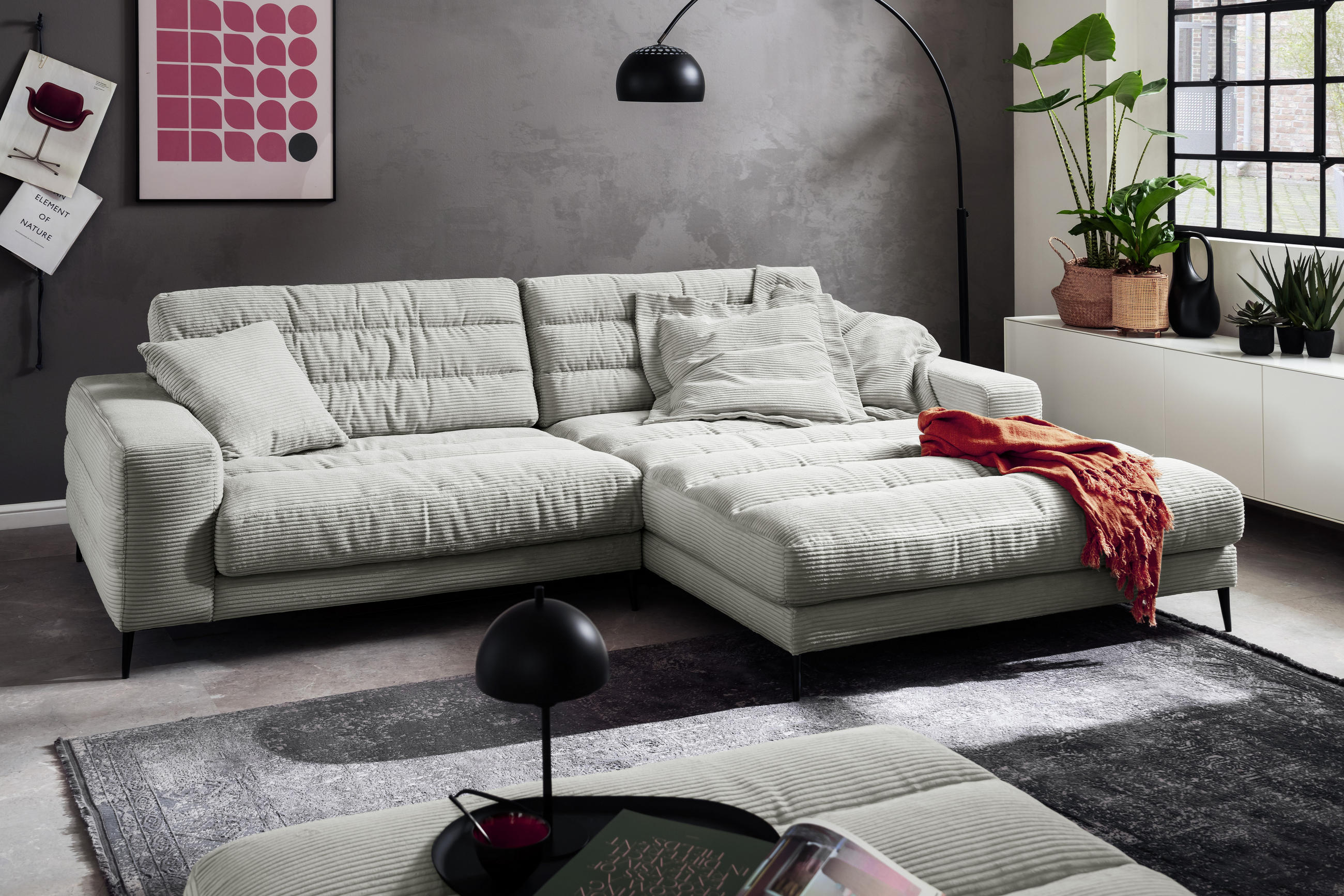 ECKSOFA Badia Hellgrau Cord  - Hellgrau/Schwarz, Design, Textil/Metall (296/207cm) - Dieter Knoll