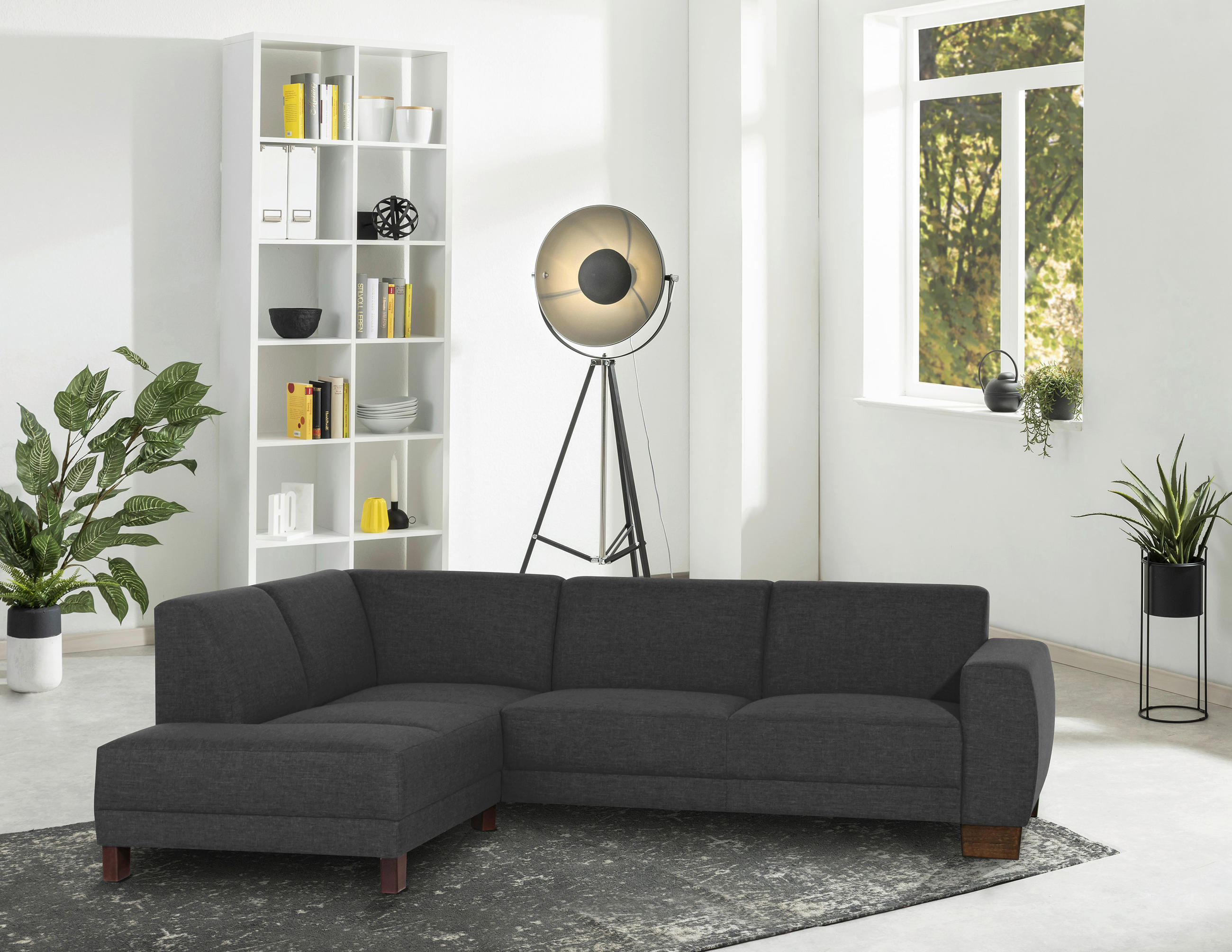 ECKSOFA in Flachgewebe, Leinenoptik Schwarz  - Nussbaumfarben/Schwarz, Modern, Holz/Holzwerkstoff (248/188cm) - Max Winzer
