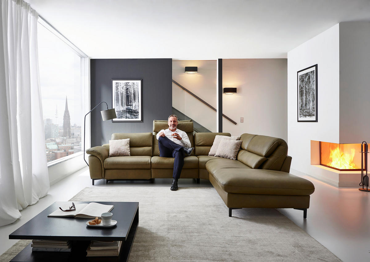 ECKSOFA Valdera in Echtleder Schlammfarben  280/246 cm  - Schlammfarben/Schwarz, Design, Leder/Metall (280/246cm) - Hukla