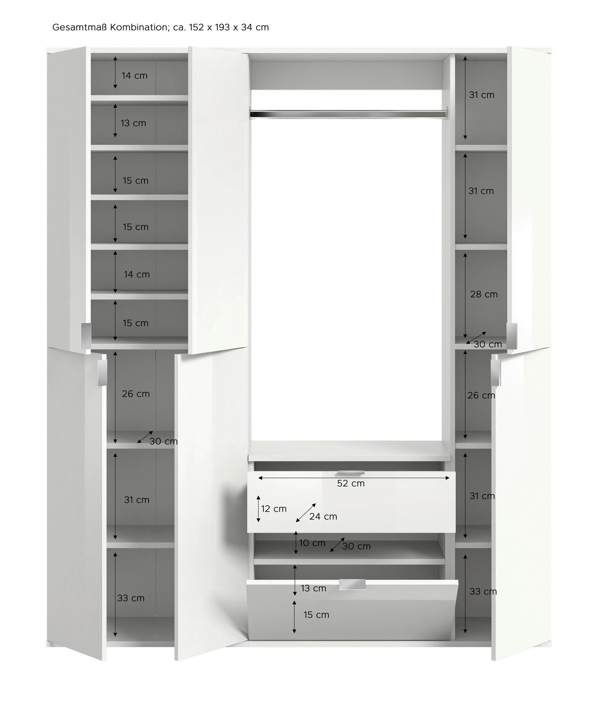 GARDEROBE 3-teilig  in 152/193/34 cm  - KONVENTIONELL, Holzwerkstoff (152/193/34cm) - MID.YOU