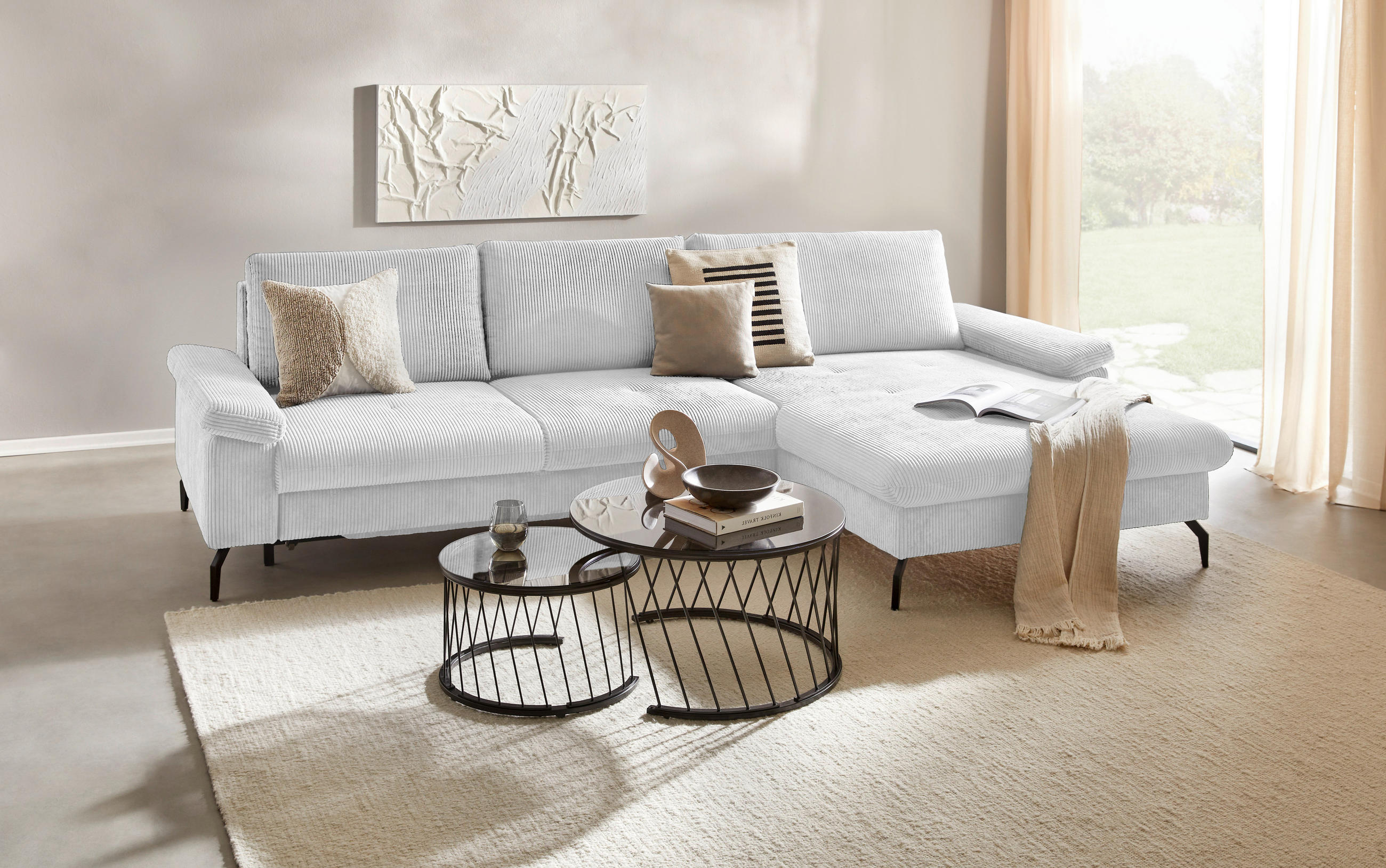 ECKSOFA inkl. Funktion Silberfarben Cord, Velours  - Silberfarben/Schwarz, MODERN, Textil/Metall (180/302cm) - Venda