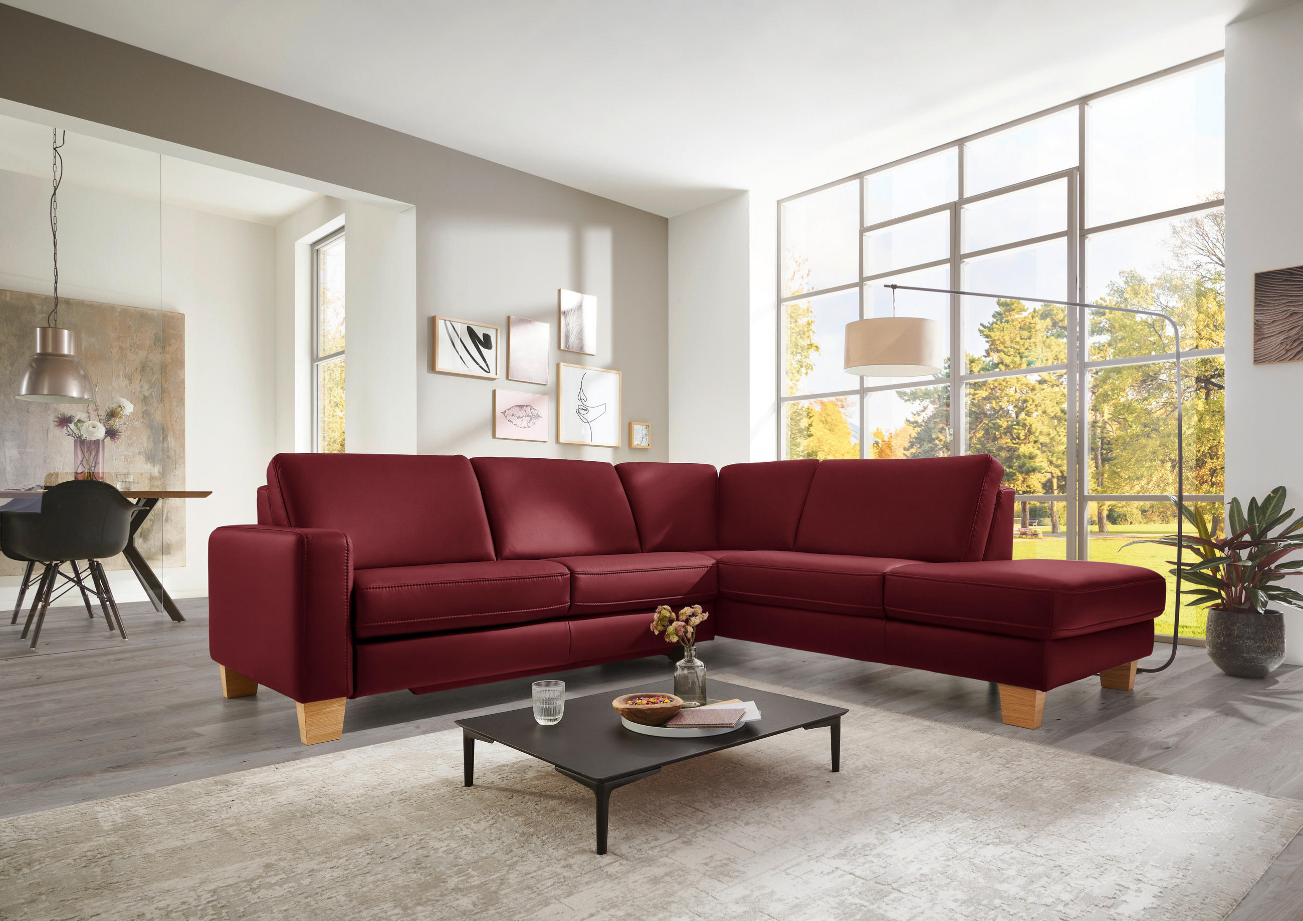 ECKSOFA in Echtleder Rot  - Eiche Bianco/Rot, Natur, Leder/Holz (257/235cm) - Valdera
