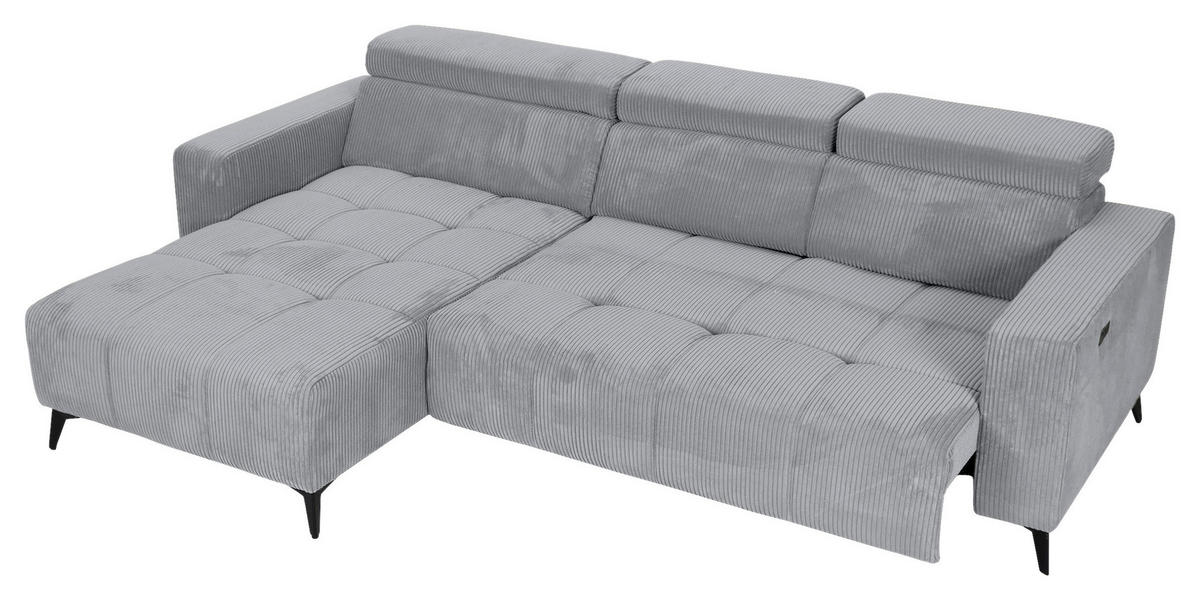 ECKSOFA Hellgrau Cord Rücken echt, Kopfteilverstellung, Sitzvorzug  - Hellgrau/Schwarz, KONVENTIONELL, Textil/Metall (170/257cm) - Carryhome