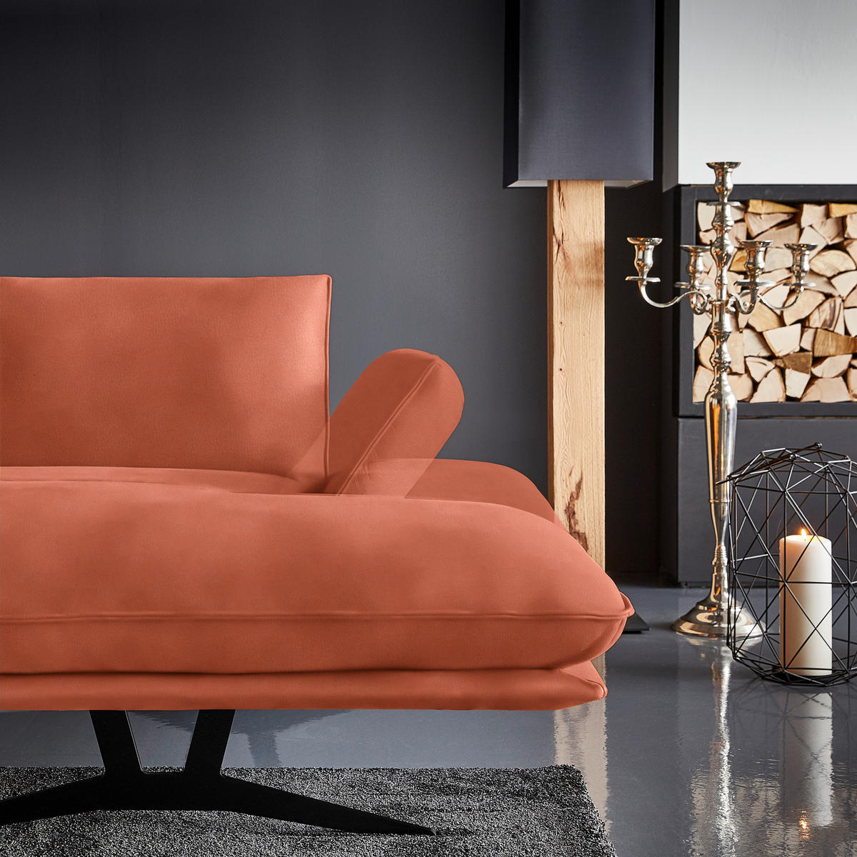 WOHNLANDSCHAFT  in Echtleder Orange  - Schwarz/Orange, Natur, Leder/Metall (217/359/155cm) - Dieter Knoll