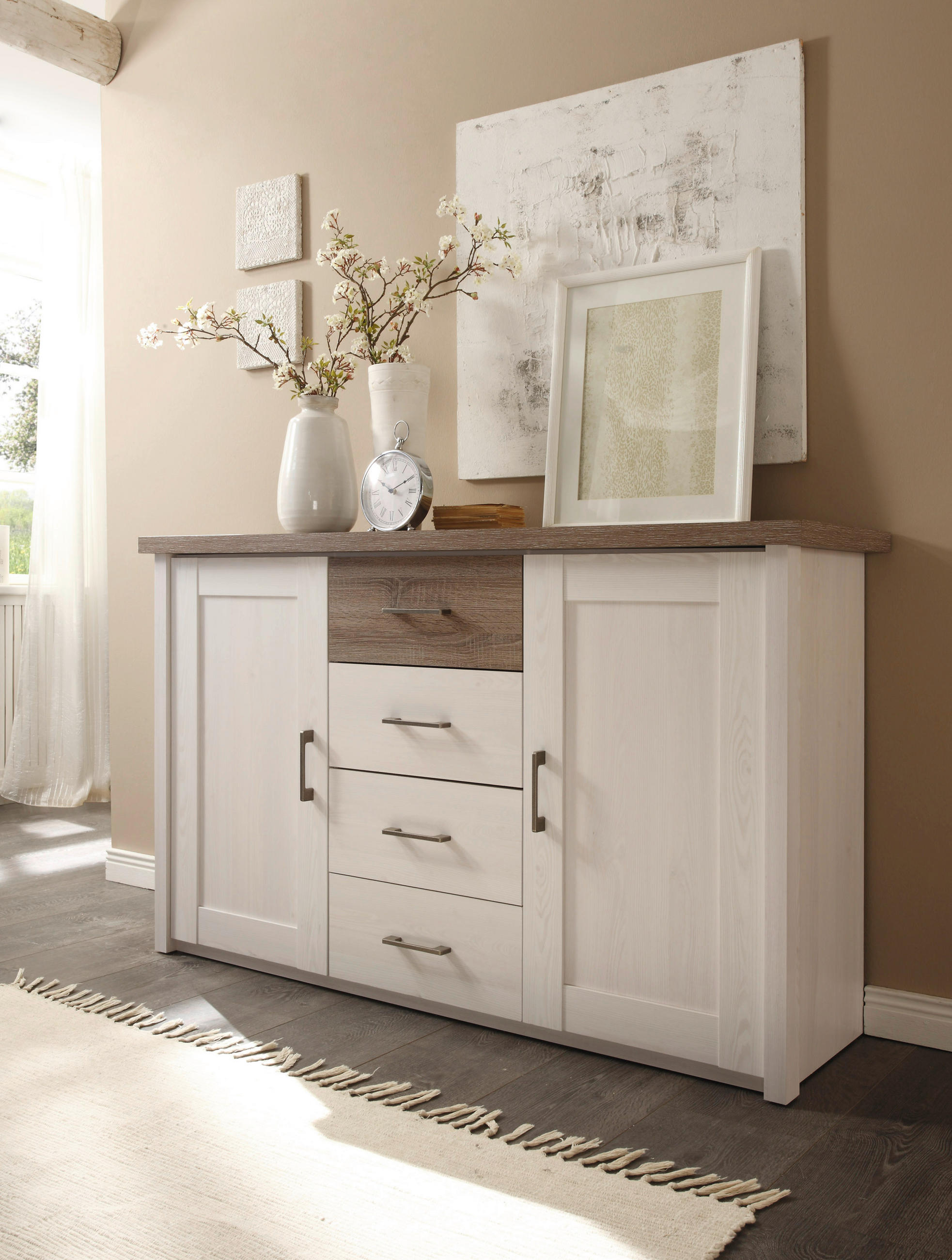 ŠIROKÁ KOMODA, bílá, barvy dubu, 150/90/42 cm - bílá/barvy dubu, Lifestyle, kov/kompozitní dřevo (150/90/42cm) - Carryhome
