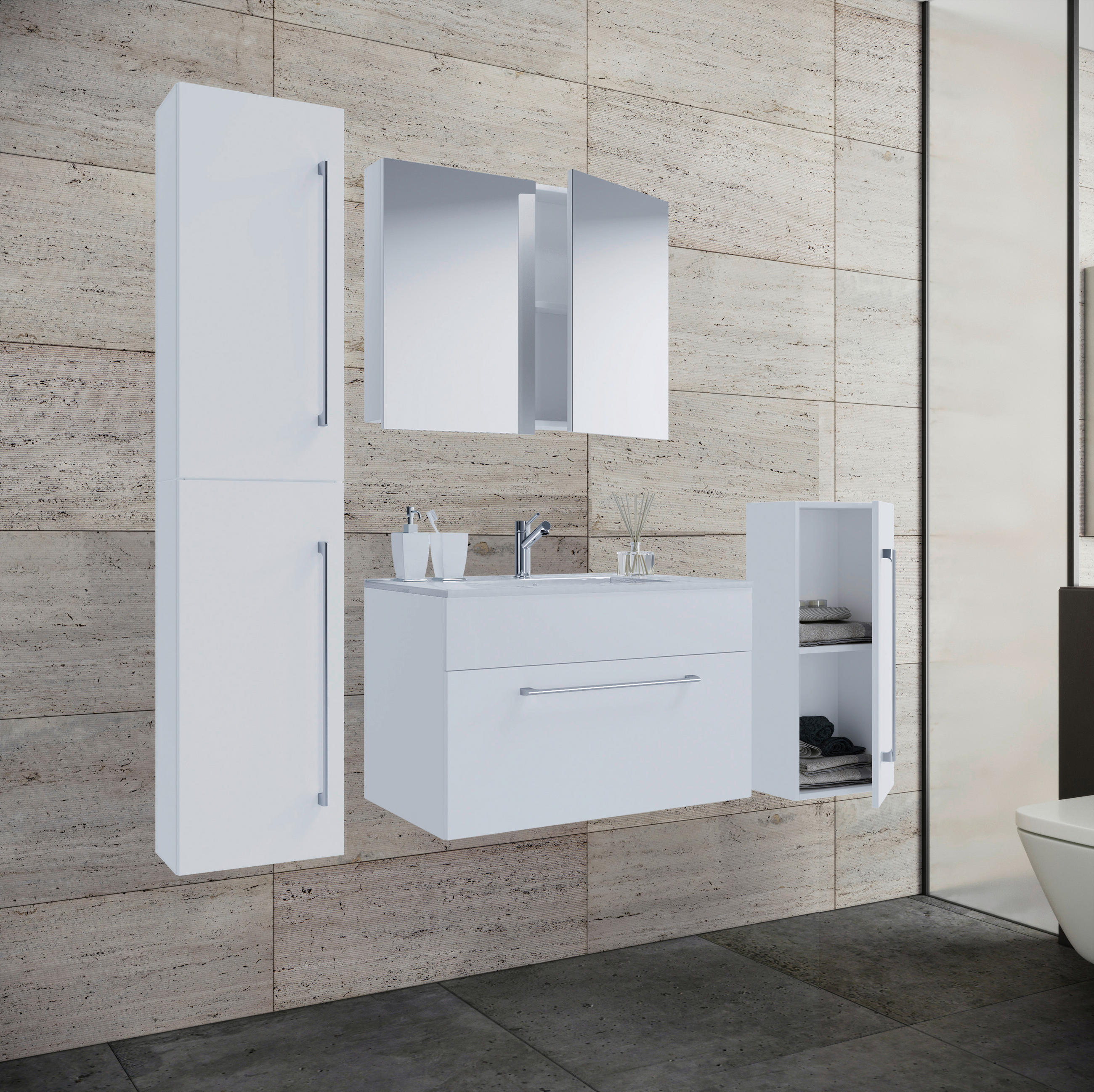 BADEZIMMER 5-teilig  in 126 cm  - Alufarben/Weiß, MODERN, Keramik/Holzwerkstoff (126cm) - MID.YOU