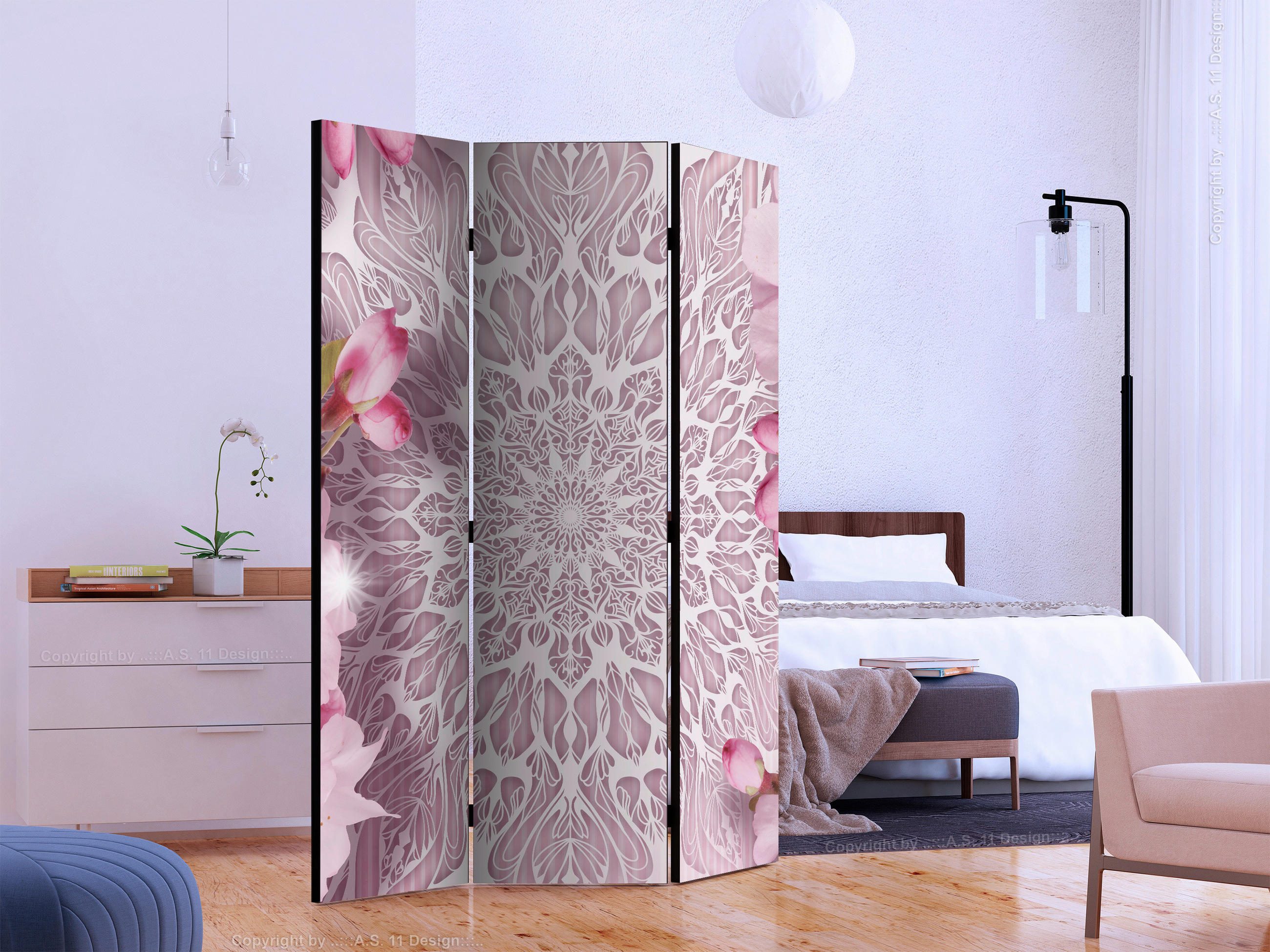 PARAVENT mit 3  Flügel - Pink/Weiß, Basics, Holz/Textil (135/172/3cm) - artgeist