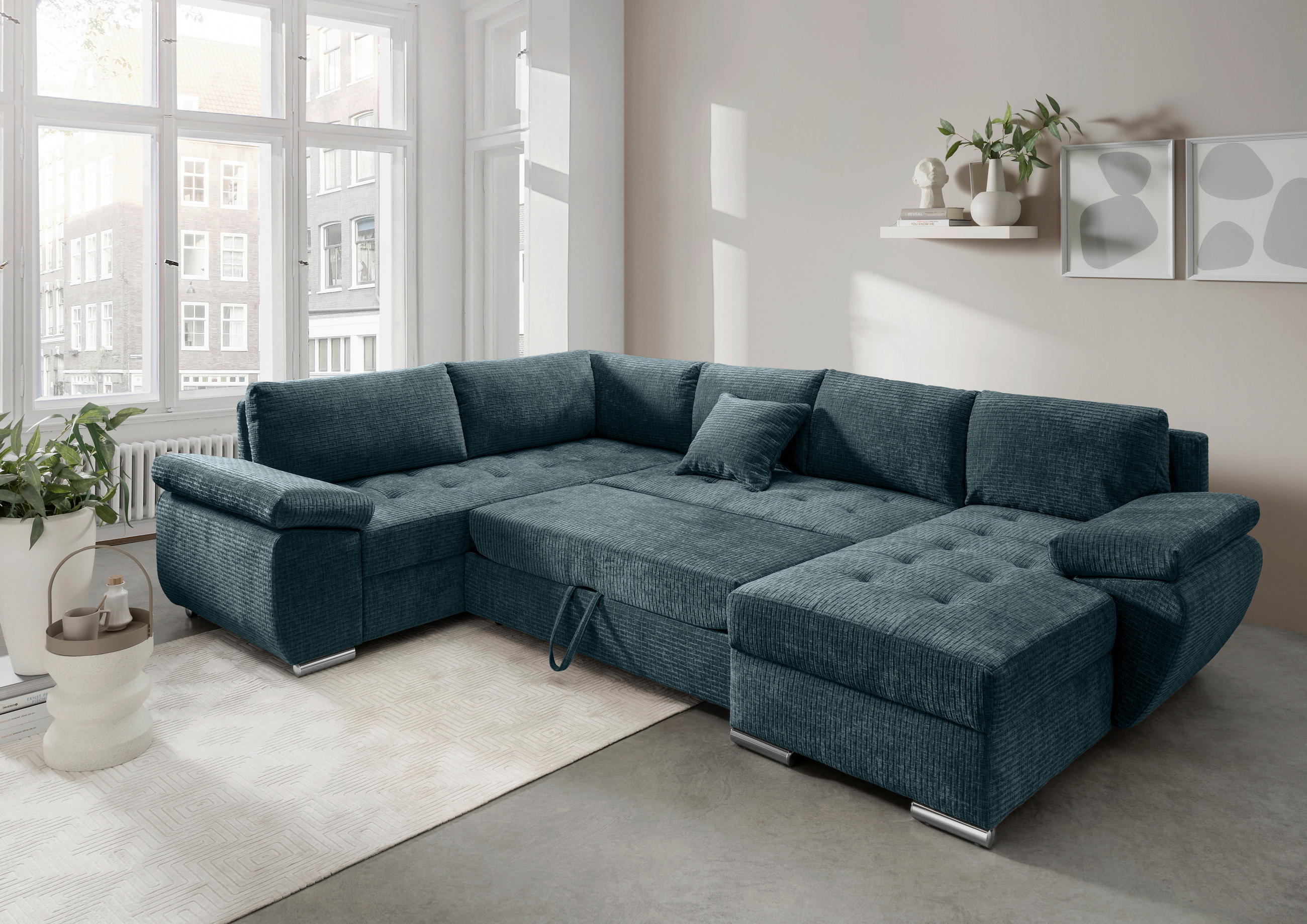 Wohnlandschaft Blau Mikrofaser  - Chromfarben/Blau, KONVENTIONELL, Textil (219/305/157cm) - Livetastic