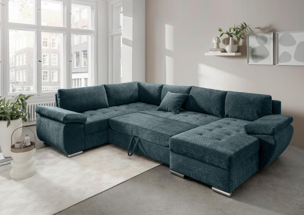 Wohnlandschaft Blau Mikrofaser  - Chromfarben/Blau, KONVENTIONELL, Textil (219/305/157cm) - Livetastic