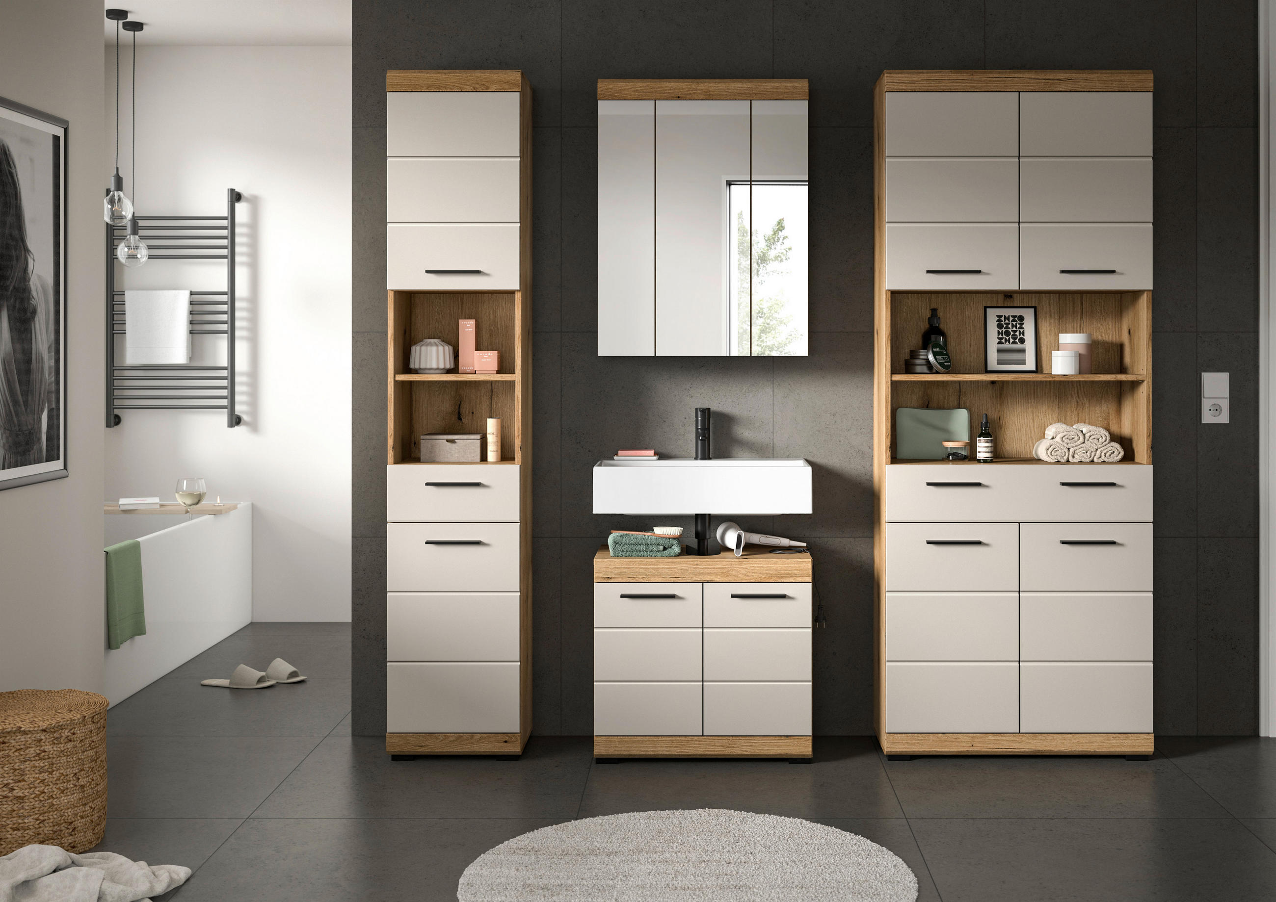 BADEZIMMER 4-teilig  in 171 cm  - Kaschmir/Schwarz, MODERN, Holzwerkstoff/Kunststoff (171cm) - MID.YOU
