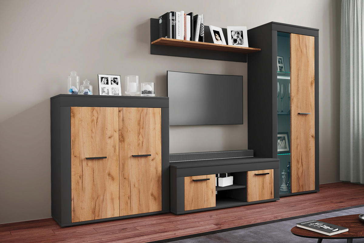 WOHNWAND Usilo 4-teilig  in Anthrazit, Honigeiche  242/159/37 cm  - Honigeiche/Anthrazit, Design, Glas/Holzwerkstoff (242/159/37cm) - MID.YOU