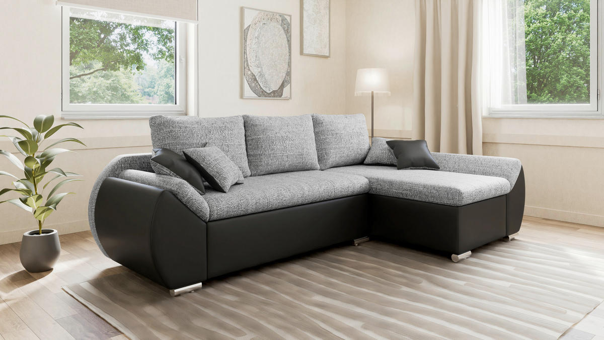 ECKSOFA  AURO Grau, Schwarz  - Silberfarben/Schwarz, Design, Kunststoff/Textil (275/155cm) - MID.YOU