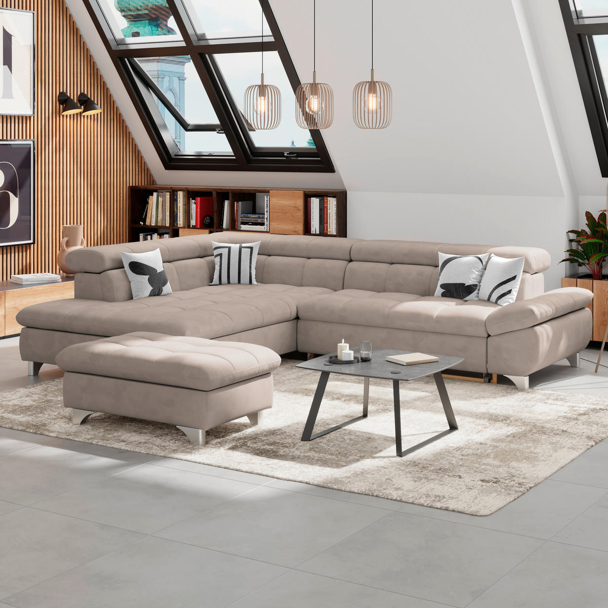 ECKSOFA Beige Chenille  - Chromfarben/Beige, KONVENTIONELL, Textil/Metall (234/312cm) - Livetastic