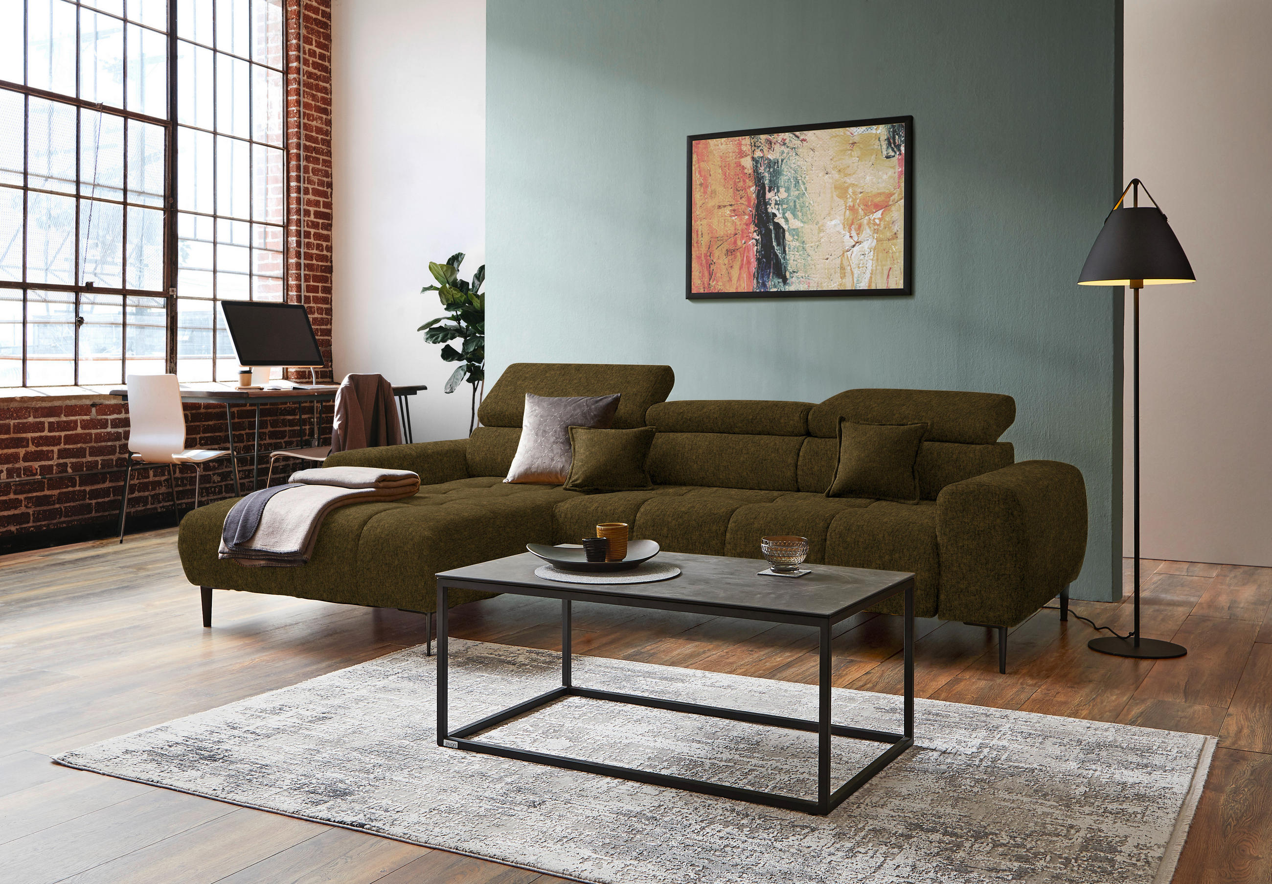 ECKSOFA in Samt, Webstoff Olivgrün  177/270 cm  - Schwarz/Olivgrün, Design, Textil/Metall (177/270cm) - Welnova