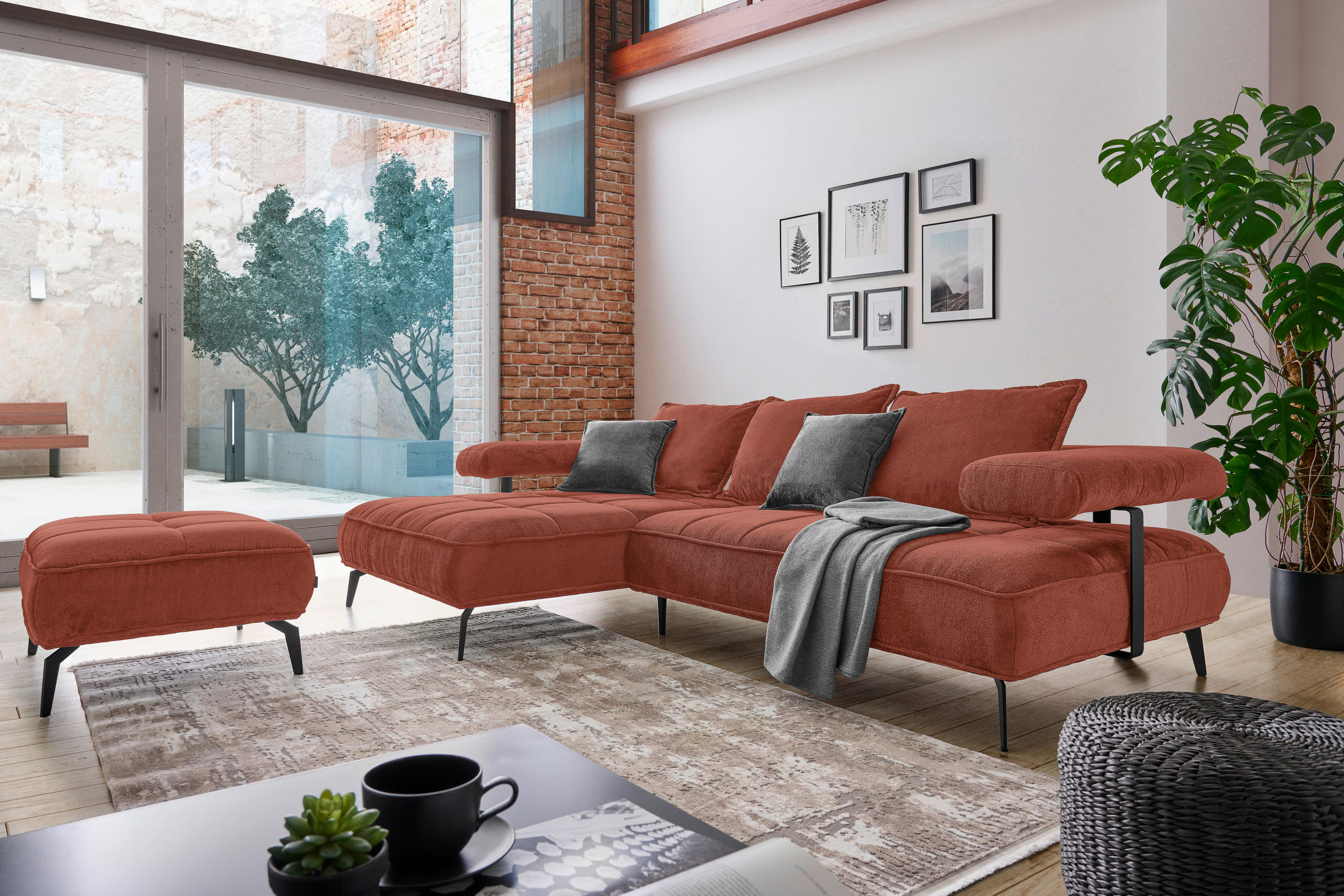 ECKSOFA in Webstoff Terracotta  - Terracotta/Schwarz, Design, Textil/Metall (180/266cm) - Welnova