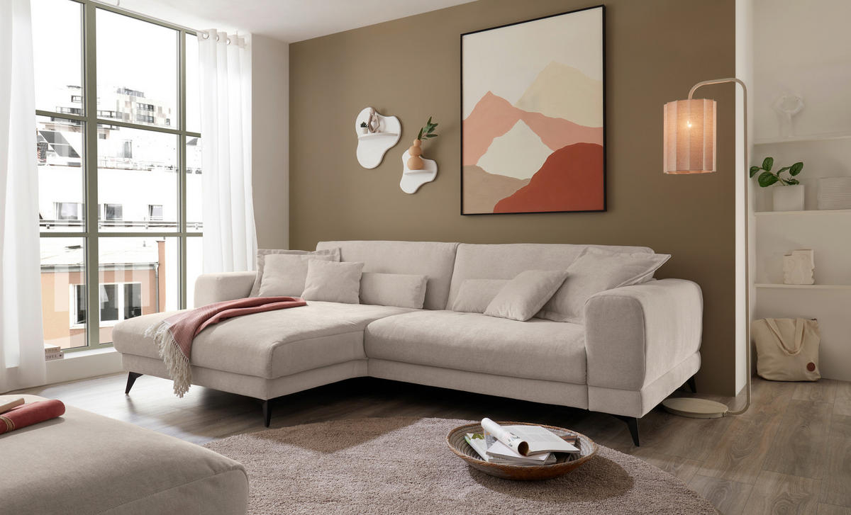 ECKSOFA Naturfarben Chenille  - Schwarz/Naturfarben, KONVENTIONELL, Textil/Metall (194/292cm) - SetOne by Musterring