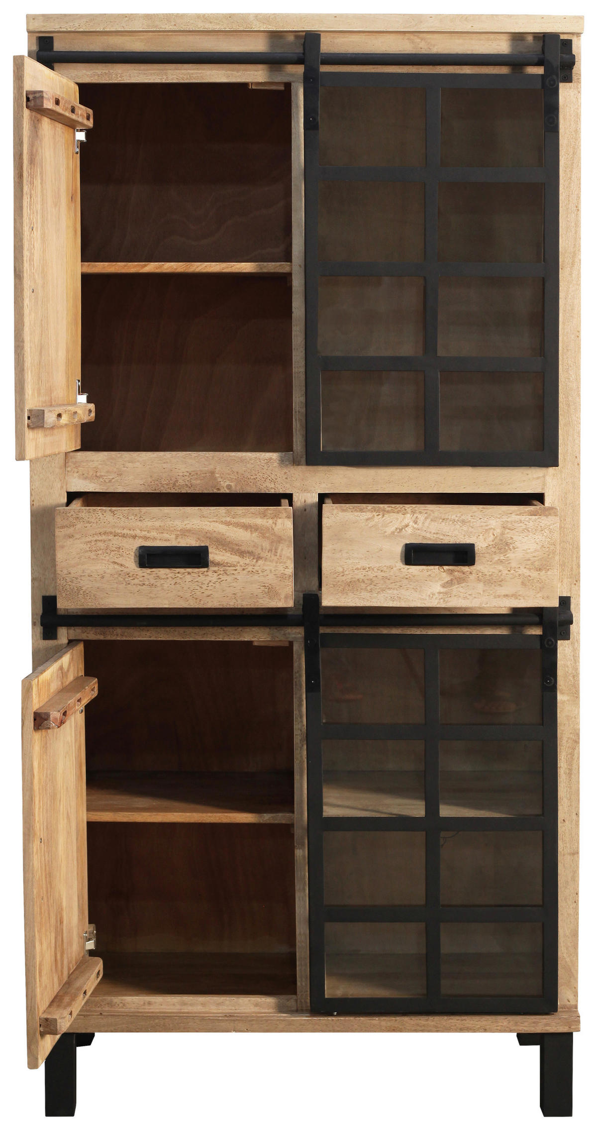 VITRINE  in Hartholz Mangoholz Schwarz, Graubraun  - Graubraun/Schwarz, LIFESTYLE, Glas/Holz (90/180/42cm) - Landscape