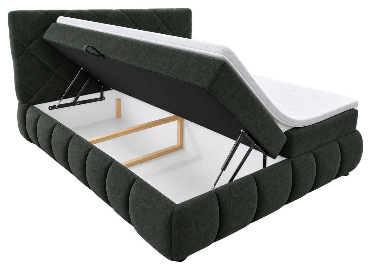 BOXBETT 180/200 cm,  in Grün, gepolstertes Kopfteil, Bettkasten, Topper, Matratzen, H3 + H3 = fest  - Schwarz/Grün, Design, Kunststoff/Textil (180/200cm) - Chameo
