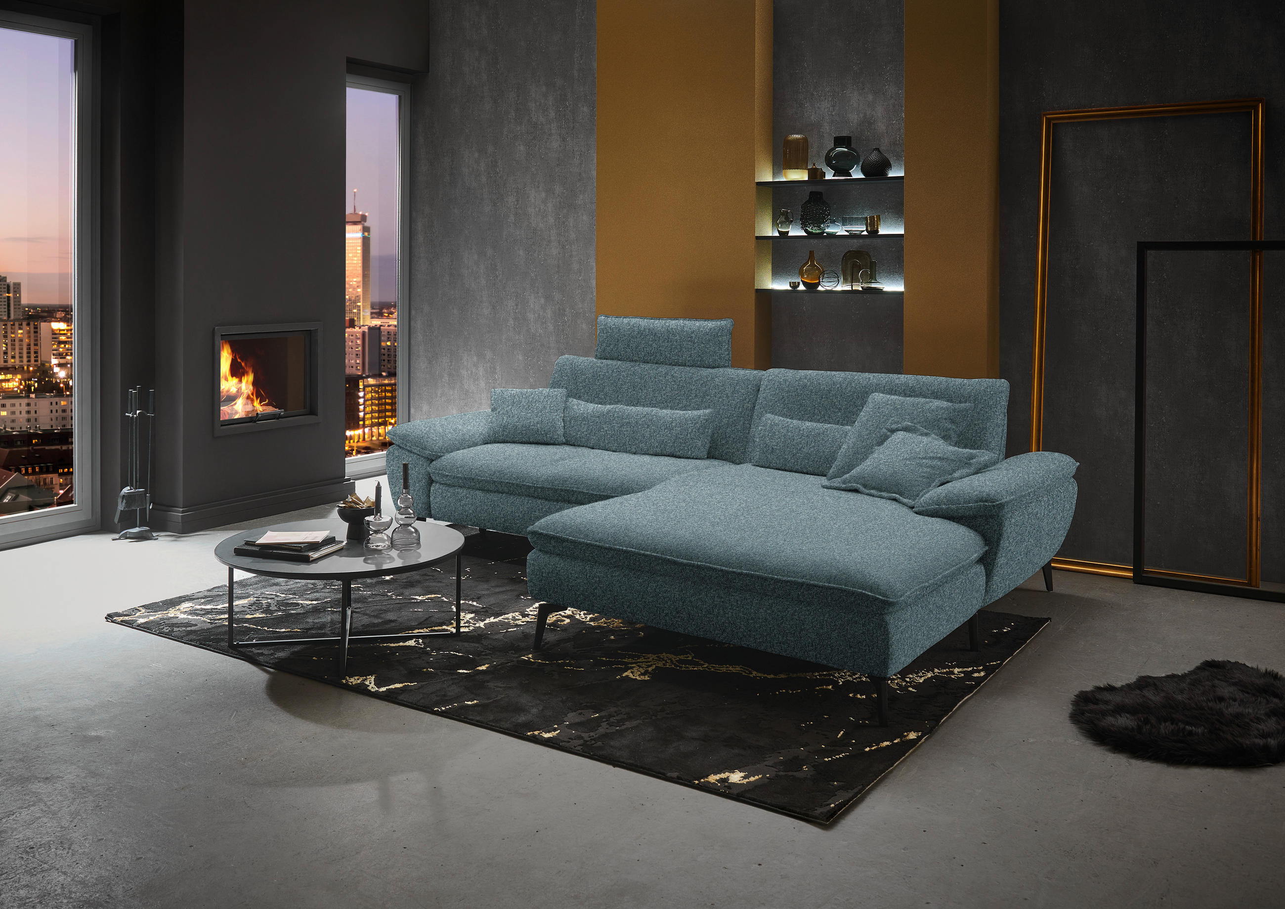 ECKSOFA in Webstoff Blaugrau  - Blaugrau/Schwarz, Design, Textil/Metall (295/197cm) - Valdera