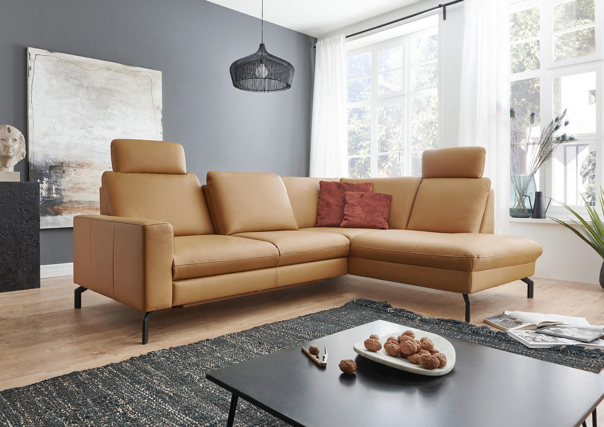 ECKSOFA in Echtleder Currygelb  - Currygelb/Schwarz, Design, Leder/Metall (194/250cm) - Beldomo Premium