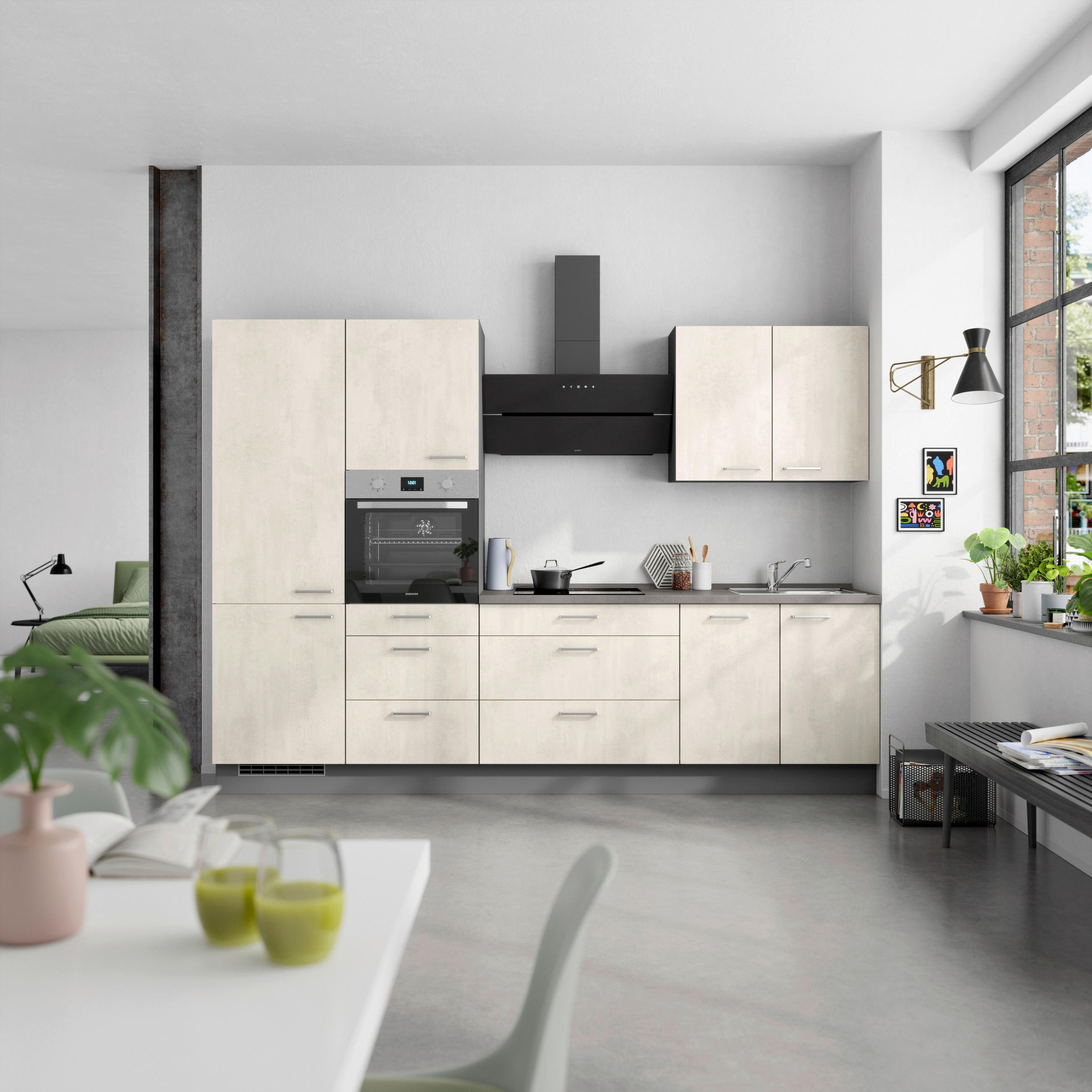 KÜCHENBLOCK Riva 300 cm  in Weiß, Schieferfarben  - Schieferfarben/Edelstahlfarben, MODERN, Holzwerkstoff/Metall (300cm) - Nobilia