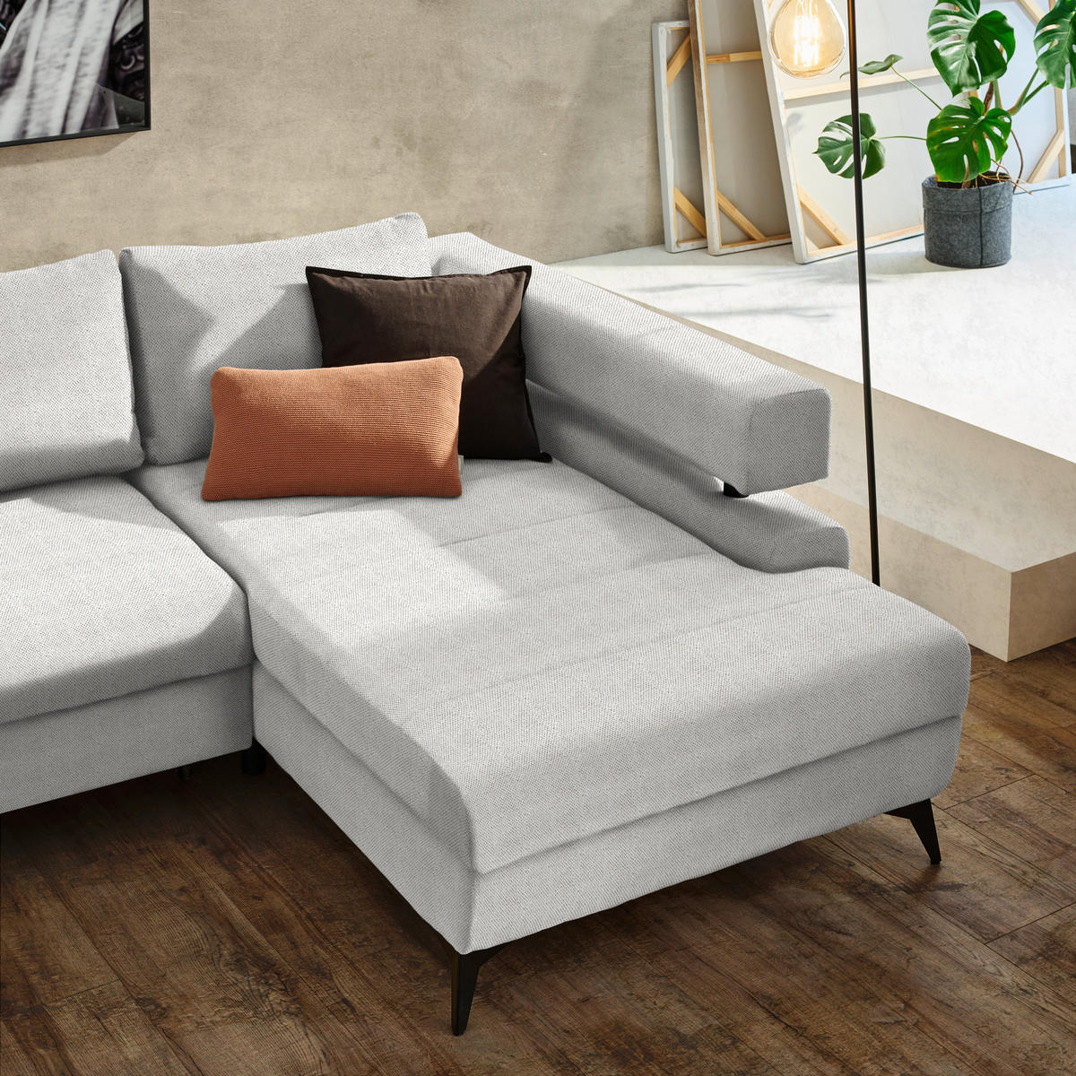 ECKSOFA in Chenille Creme  - Creme/Schwarz, Konventionell, Textil/Metall (265/184cm) - Hom`in