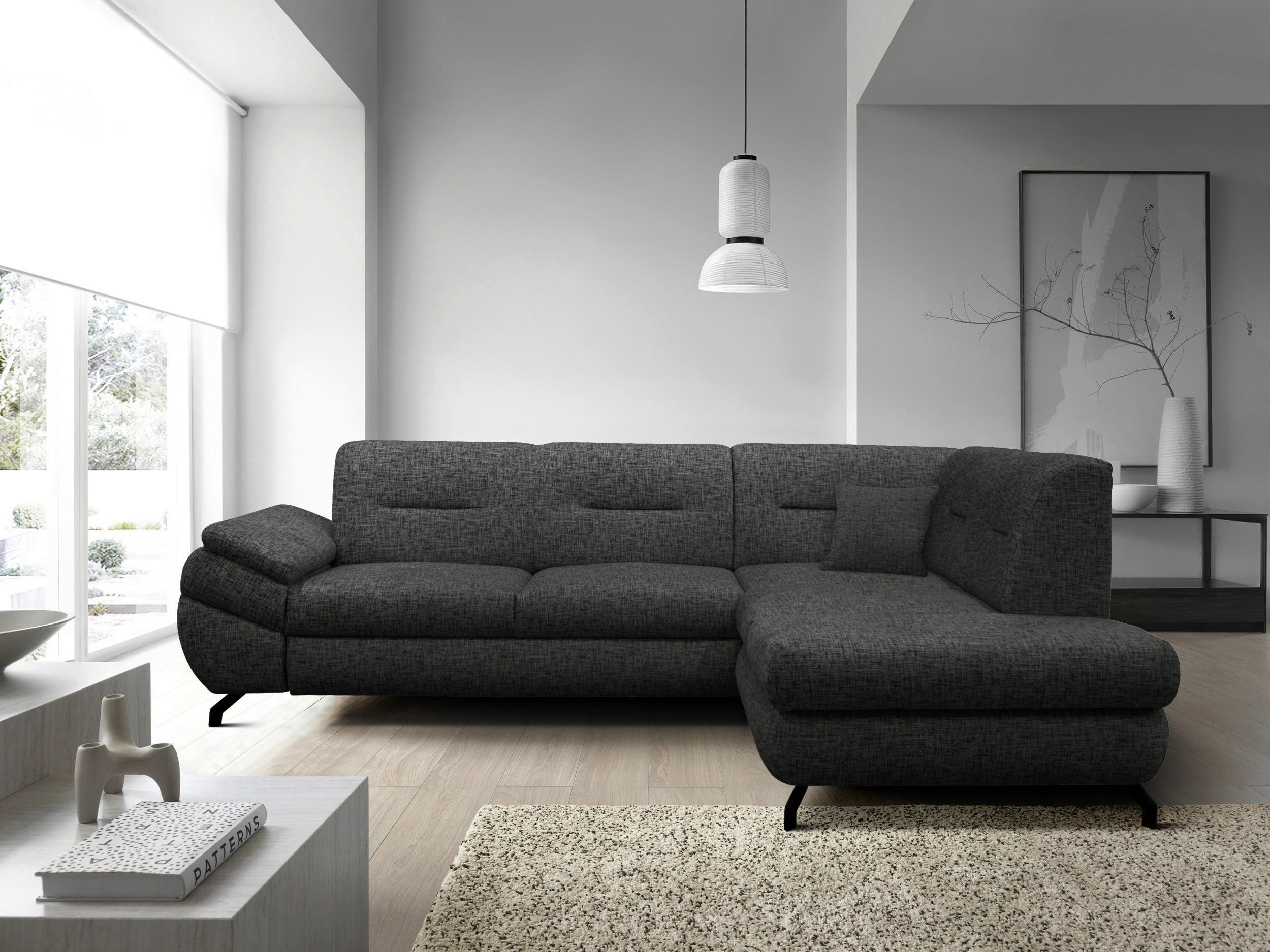ECKSOFA in Struktur, Plüsch Dunkelgrau  - Dunkelgrau/Schwarz, Design, Textil/Metall (274/201cm) - MID.YOU